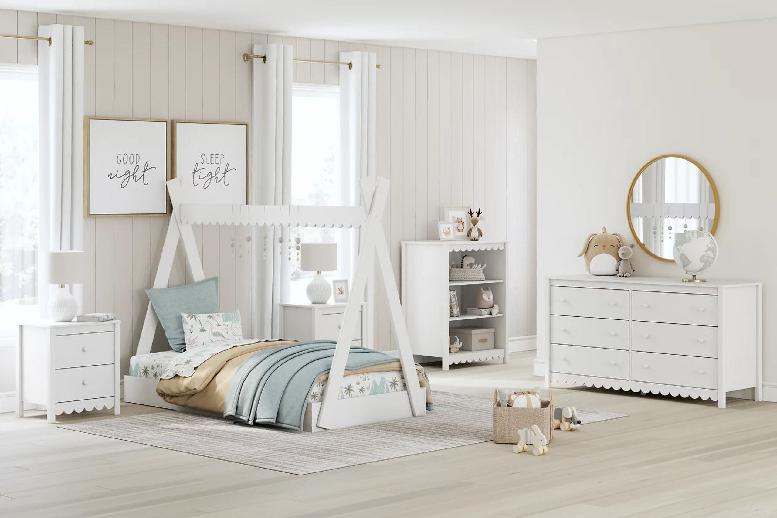 The appearance of Hallityn Youth Tent Bedroom Set In White designed by Signature Design by Ashley in the transitional interior design. This white piece of furniture  was selected by 1StopBedrooms from Hallityn Collection to add a touch of cosiness and style into your home. Sku: EB1810-121;EB1810-292. Material: Wood. Bed Size: Twin.