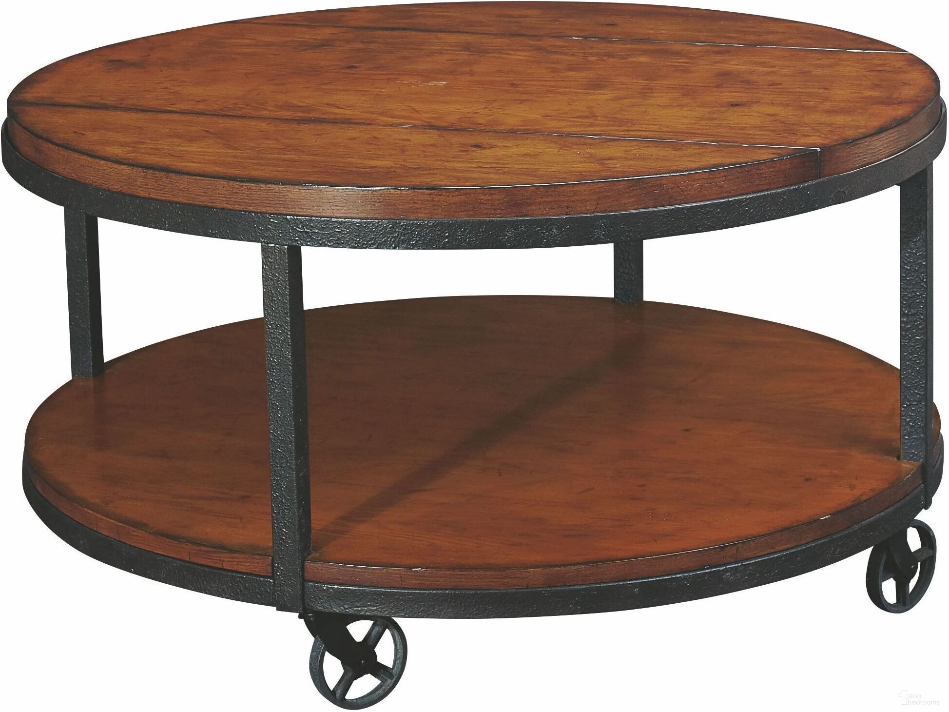 The appearance of Baja Vintage Umber Round Cocktail Table designed by Hammary in the transitional interior design. This brown piece of furniture  was selected by 1StopBedrooms from Baja Collection to add a touch of cosiness and style into your home. Sku: T20750-T2075205-00. Material: Wood.