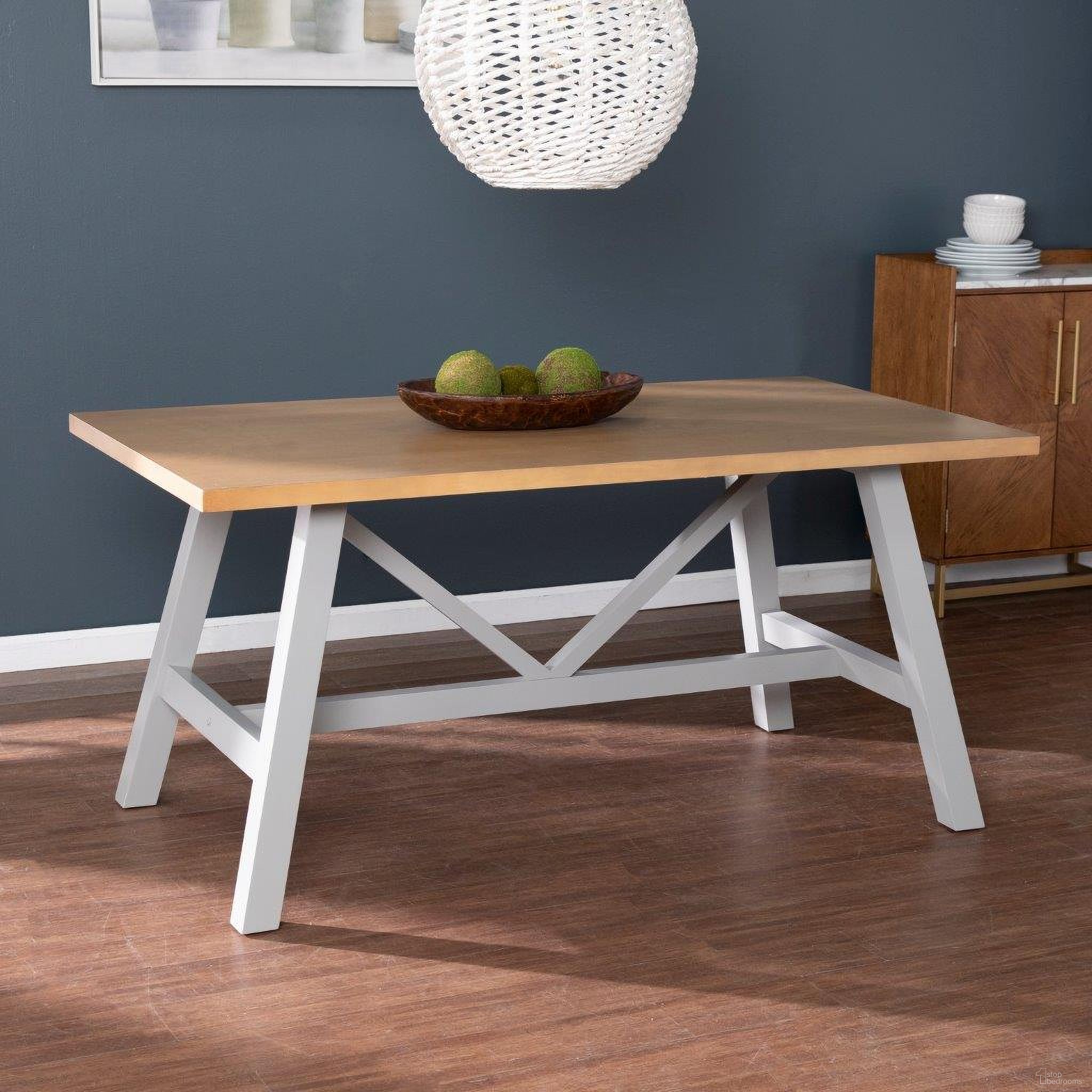 The appearance of Hambleden Rectangular Dining Table designed by SEI Furniture in the modern / contemporary interior design. This white and brown piece of furniture was selected by 1StopBedrooms from Hambleden Collection to add a touch of cosiness and style into your home. Sku: DN1101627. Table Base Style: Trestle. Table Top Shape: Rectangular. Size: 63".