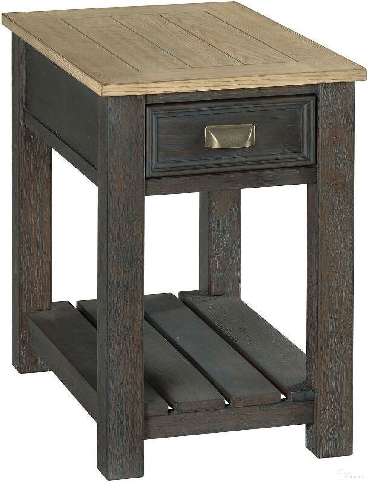 The appearance of Hamilton Chairside Table In Toasted Caramel and Smoked Charcoal designed by Hammary in the transitional interior design. This toasted caramel/smoked charcoal piece of furniture  was selected by 1StopBedrooms from Hamilton Collection to add a touch of cosiness and style into your home. Sku: 953-916. Material: Wood.