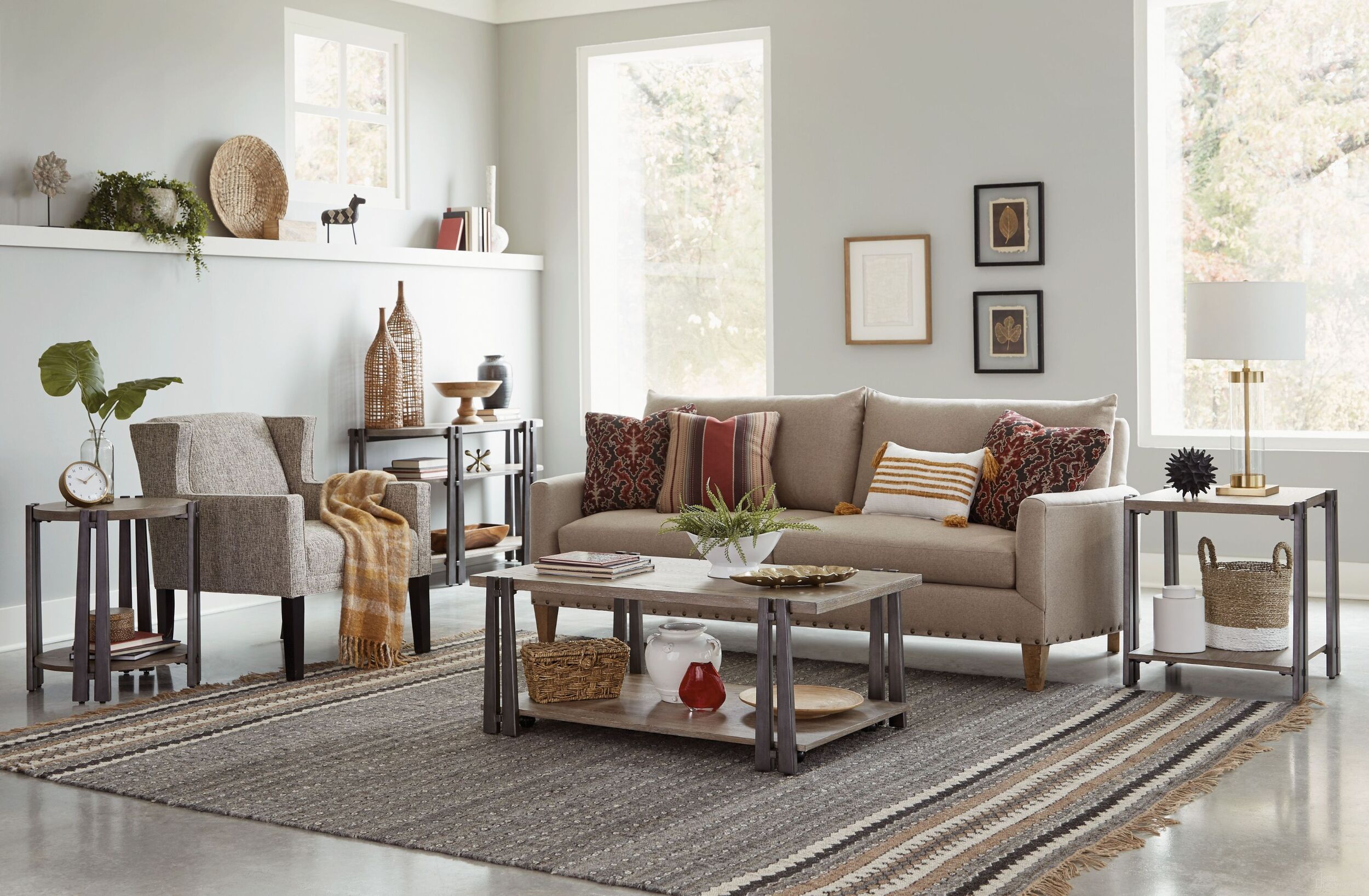 The appearance of Hamilton Weathered Caramel And Smoked Charcoal Pasadena Occasional Table Set designed by Hammary in the transitional interior design. This brown piece of furniture  was selected by 1StopBedrooms from Hamilton Collection to add a touch of cosiness and style into your home. Sku: 029-910;029-918. Material: Wood.