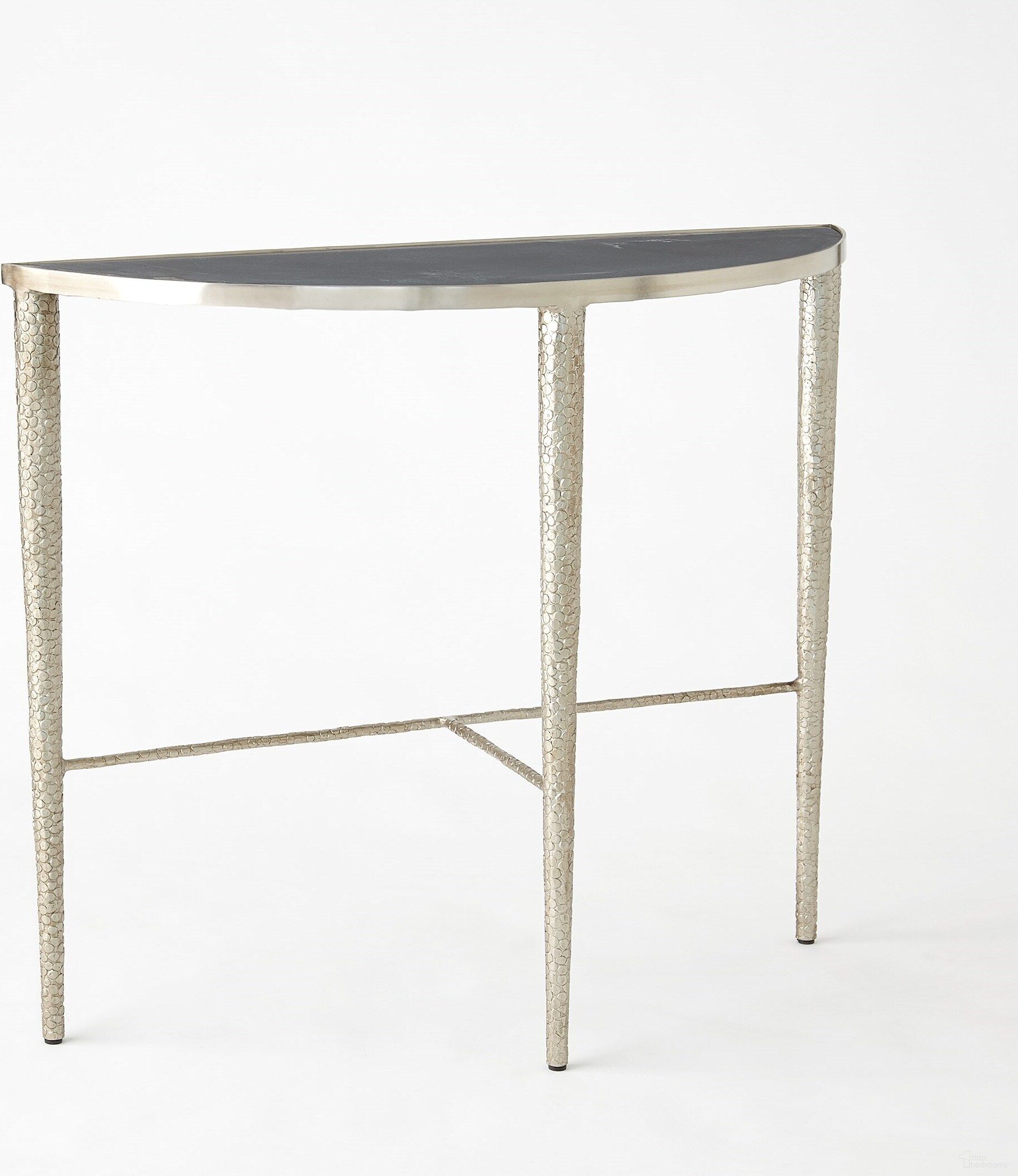 The appearance of Hammered Console In Antique Nickel With Grey Marble designed by Global Views in the modern / contemporary interior design. This gray piece of furniture  was selected by 1StopBedrooms from Hammered Collection to add a touch of cosiness and style into your home. Sku: 791138. Material: Iron.