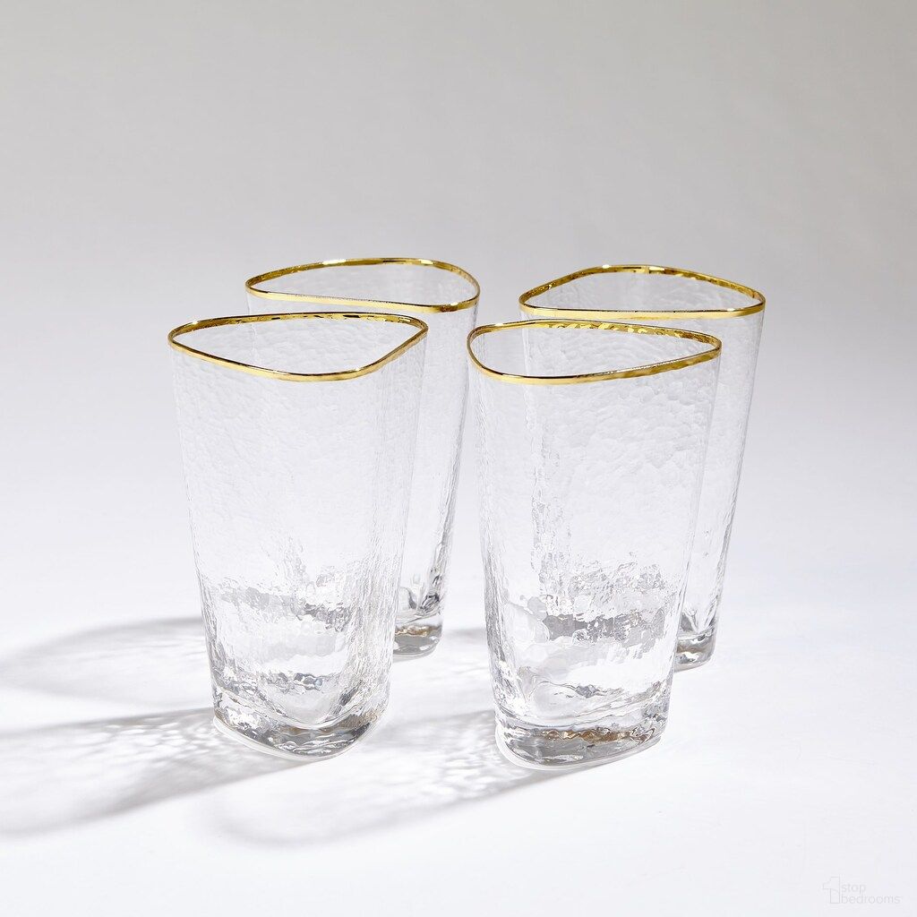 The appearance of Hammered High Ball Glasses Set of 4 In Clear and Gold designed by Global Views in the modern / contemporary interior design. This clear/gold piece of furniture  was selected by 1StopBedrooms from Hammered Collection to add a touch of cosiness and style into your home. Sku: 882902. Material: Glass.