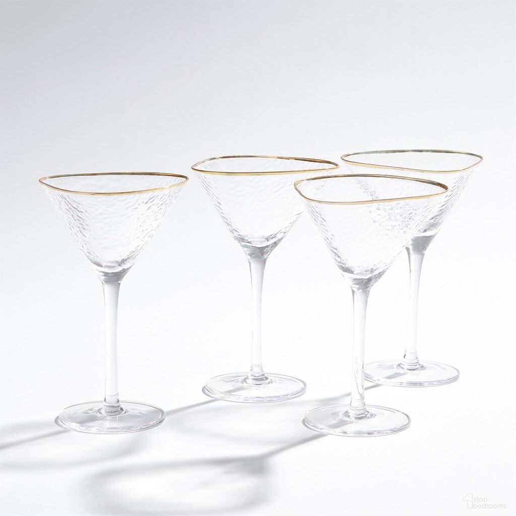 The appearance of Hammered Martini Glasses Set of 4 In Clear and Gold designed by Global Views in the modern / contemporary interior design. This clear/gold piece of furniture  was selected by 1StopBedrooms from Hammered Collection to add a touch of cosiness and style into your home. Sku: 883039. Material: Glass.