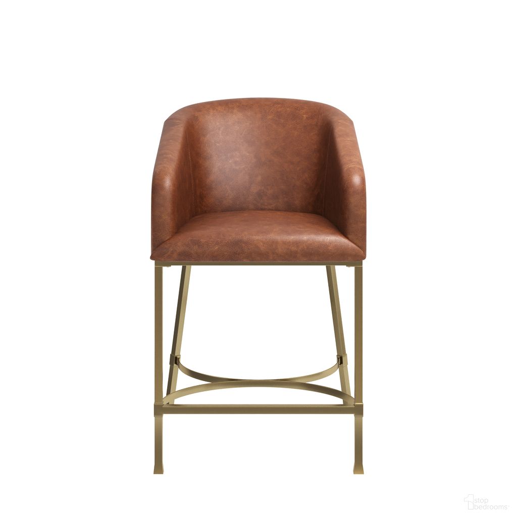 Hampton 26 Inch Counter Stool with Faux Leather and Steel Frame In Gold and Tobacco Brown
