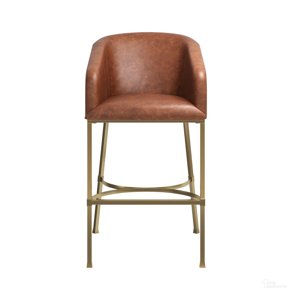 The appearance of Hampton 31 Inch Barstool with Faux Leather and Steel Frame In Gold and Tobacco Brown designed by New Ridge Home Goods in the modern / contemporary interior design. This tobacco brown piece of furniture  was selected by 1StopBedrooms from Hampton Collection to add a touch of cosiness and style into your home. Sku: NR113801-PBS-BR. Material: Steel.