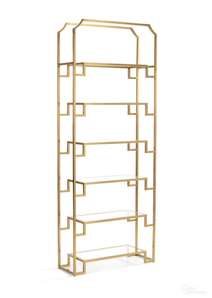 The appearance of Hampton Shelf Unit Brass In Gold designed by Wildwood in the transitional interior design. This gold piece of furniture was selected by 1StopBedrooms from Wildwood Collection to add a touch of cosiness and style into your home. Sku: 301067. Material: Metal/Glass.