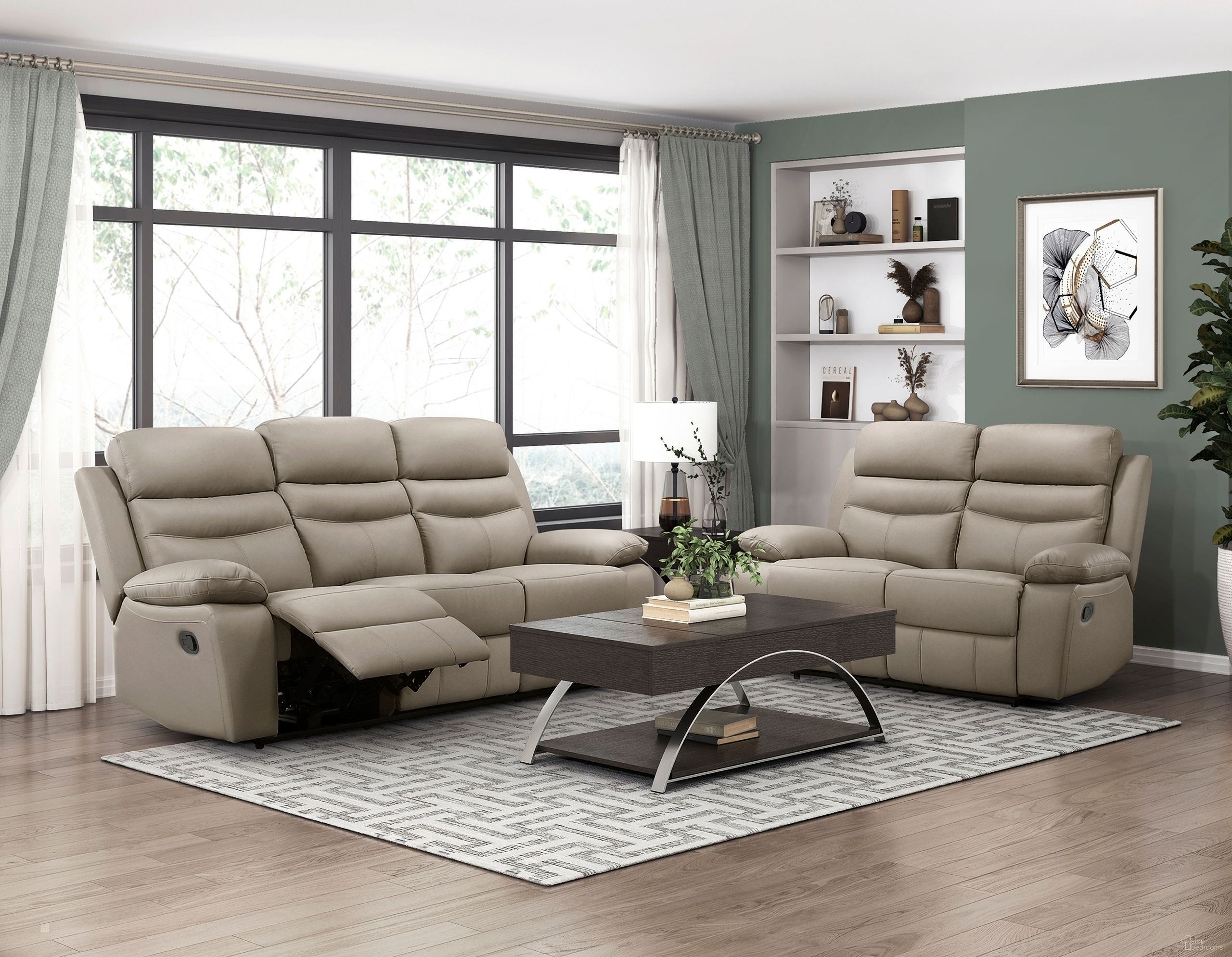The appearance of Hancock Double Reclining Living Room Set In Beige designed by Homelegance in the modern / contemporary interior design. This beige piece of furniture  was selected by 1StopBedrooms from Hancock Collection to add a touch of cosiness and style into your home. Sku: 9628LTE-3;9628LTE-2. Material: Leather.