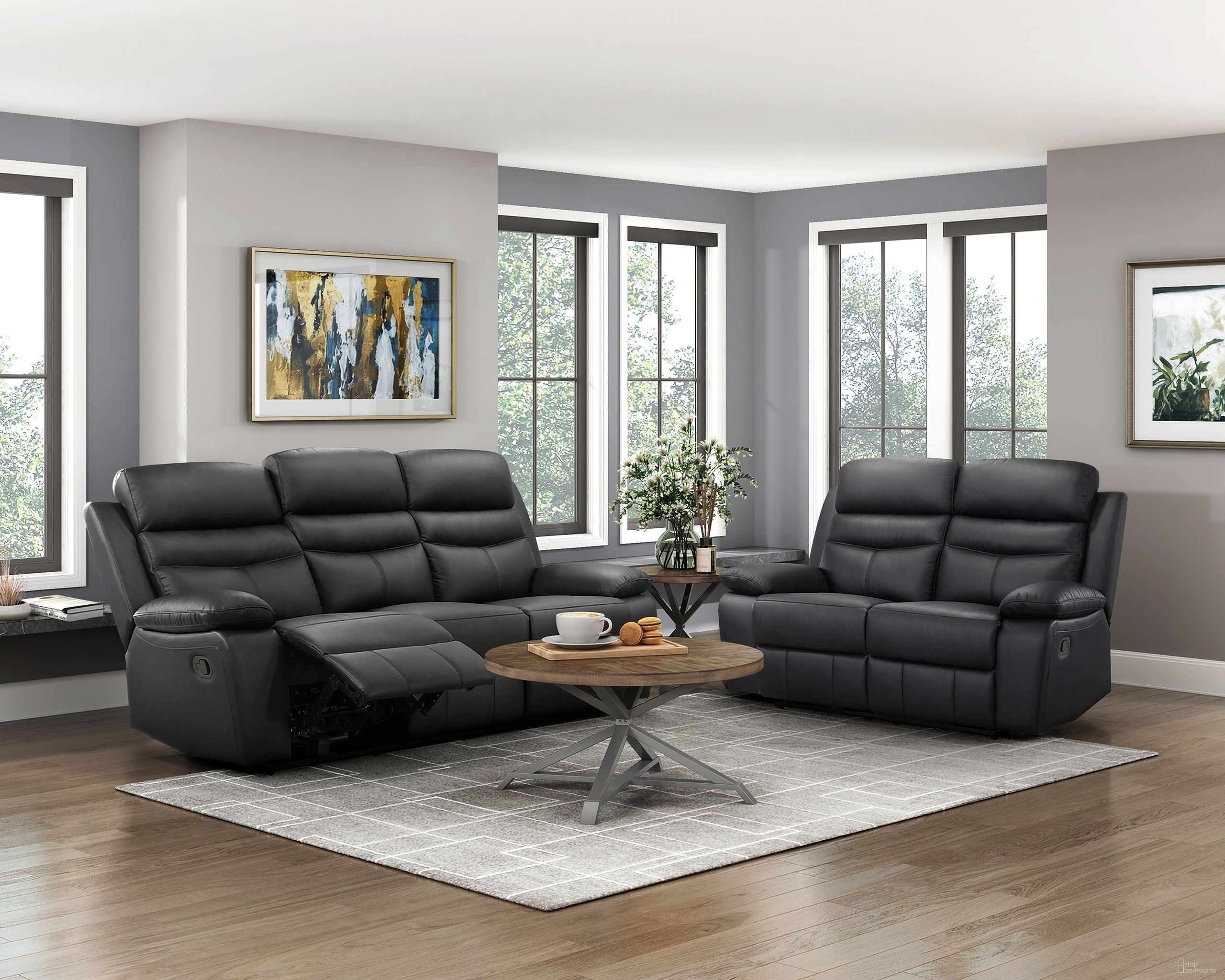 The appearance of Hancock Double Reclining Living Room Set In Black designed by Homelegance in the modern / contemporary interior design. This black piece of furniture  was selected by 1StopBedrooms from Hancock Collection to add a touch of cosiness and style into your home. Sku: 9628BLK-3;9628BLK-2. Material: Leather.