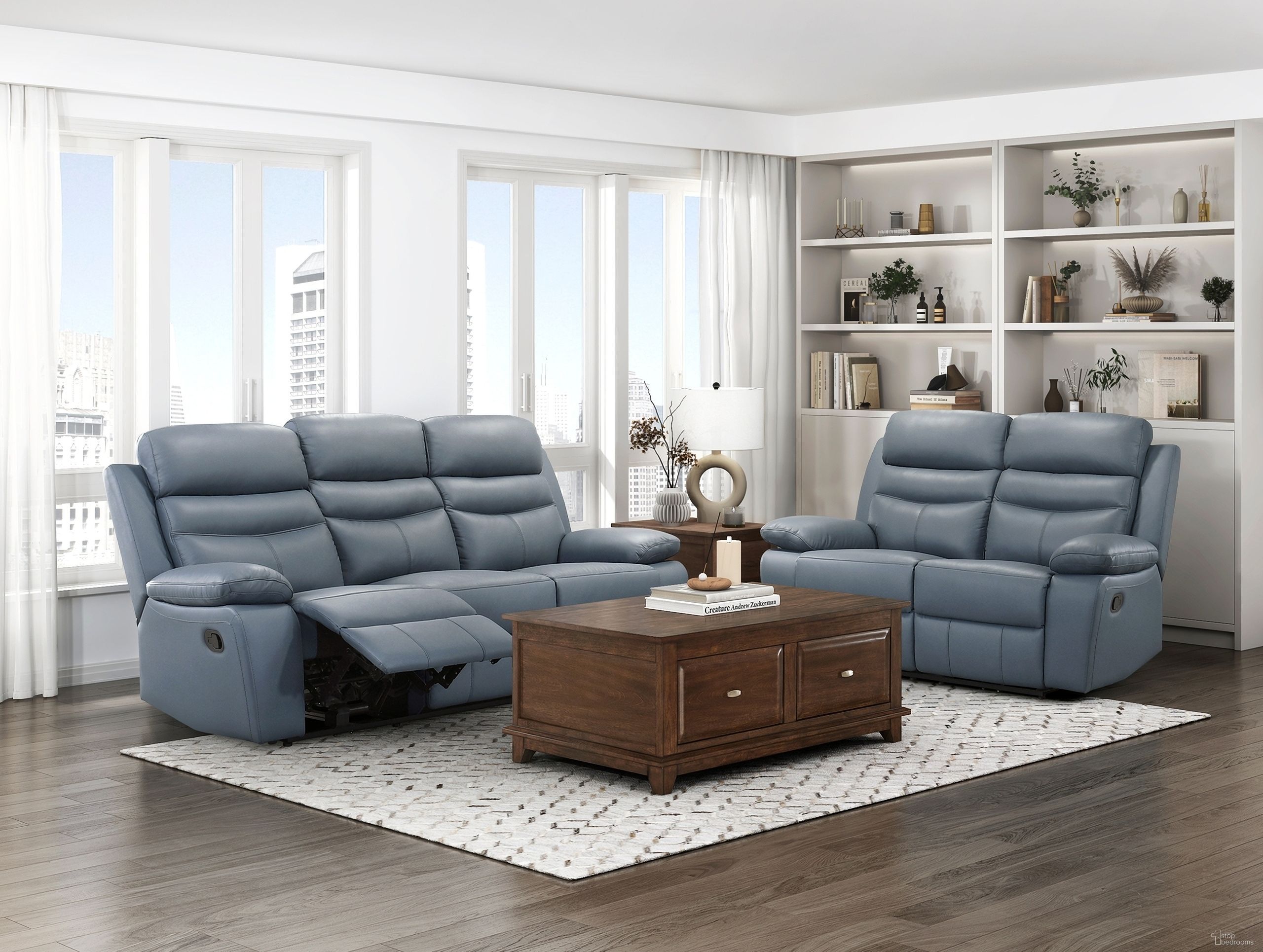 The appearance of Hancock Double Reclining Living Room Set In Blue designed by Homelegance in the modern / contemporary interior design. This blue piece of furniture was selected by 1StopBedrooms from Hancock Collection to add a touch of cosiness and style into your home. Sku: 9628BUE-3;9628BUE-2. Material: Leather.