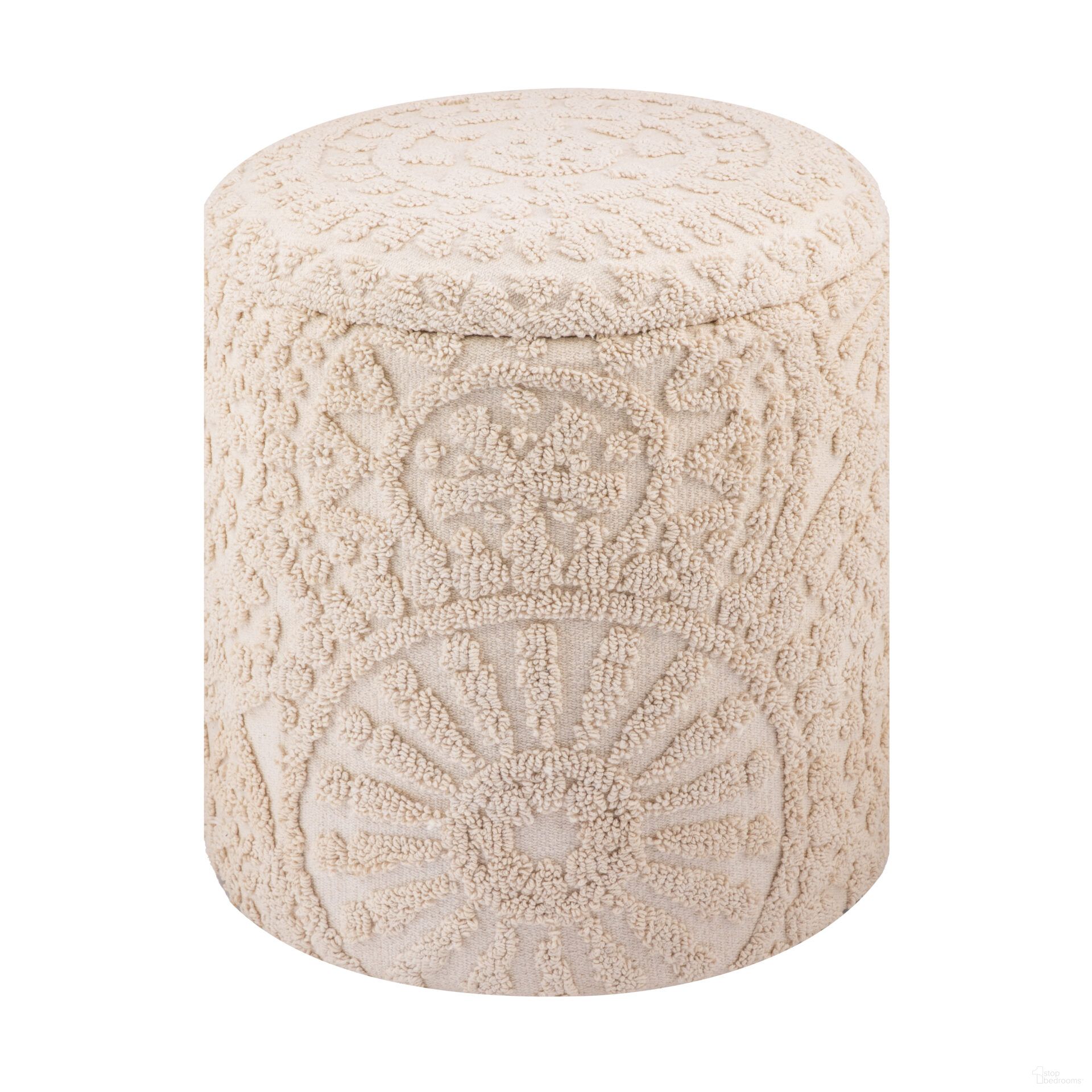 The appearance of Handwoven Helios Cream Sunburst Storage Ottoman In Ecru designed by Carolina Living in the bohemian interior design. This ecru piece of furniture was selected by 1StopBedrooms from Odyssey Collection to add a touch of cosiness and style into your home. Sku: OT-1717-FB-0087. Material: Woven.