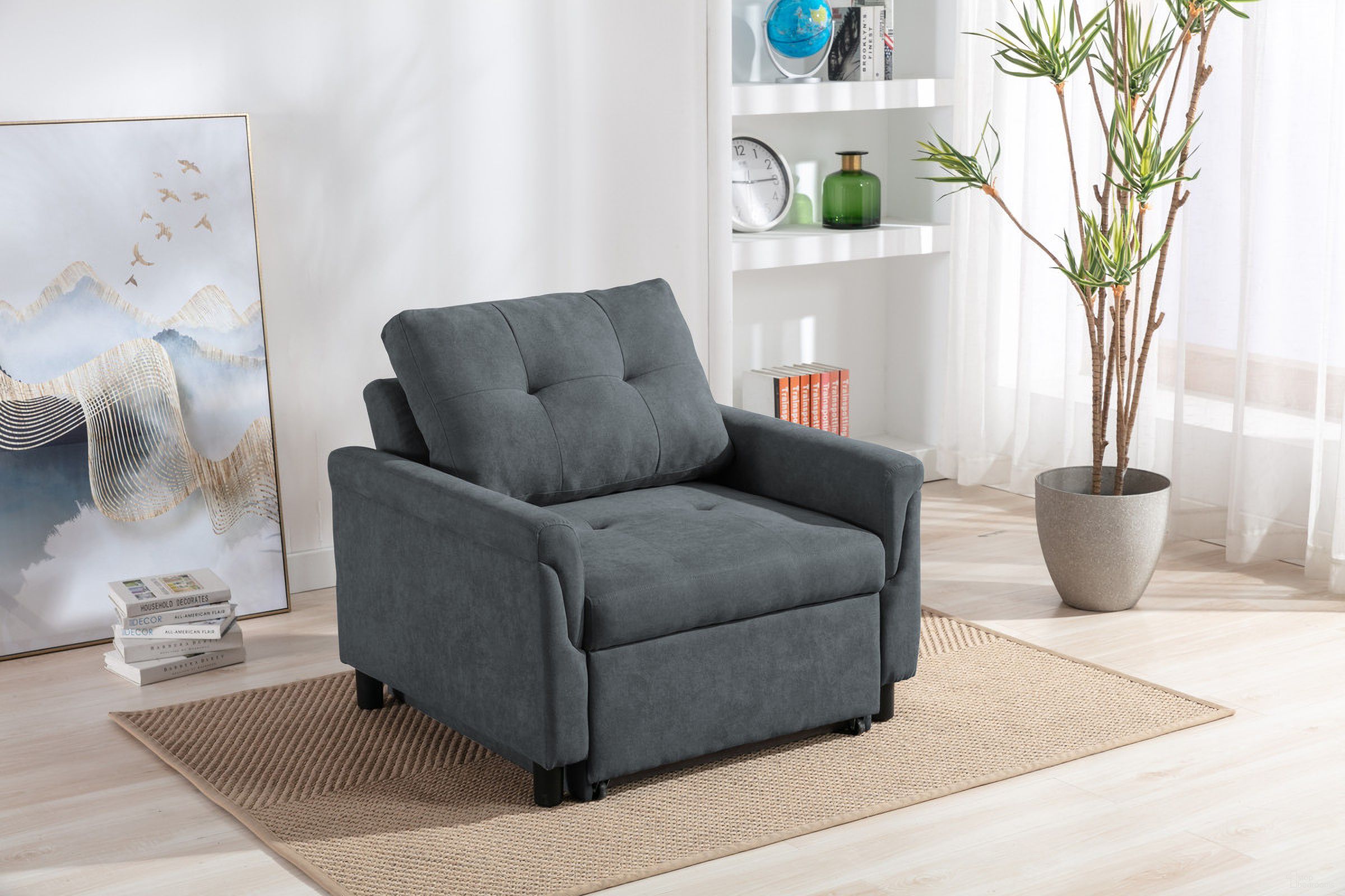 The appearance of Hannah Dark Gray Woven Convertible Armchair designed by Lilola Home in the modern / contemporary interior design. This dark gray piece of furniture  was selected by 1StopBedrooms from Hannah Collection to add a touch of cosiness and style into your home. Sku: 81361-A;81361-C. Material: Wood.