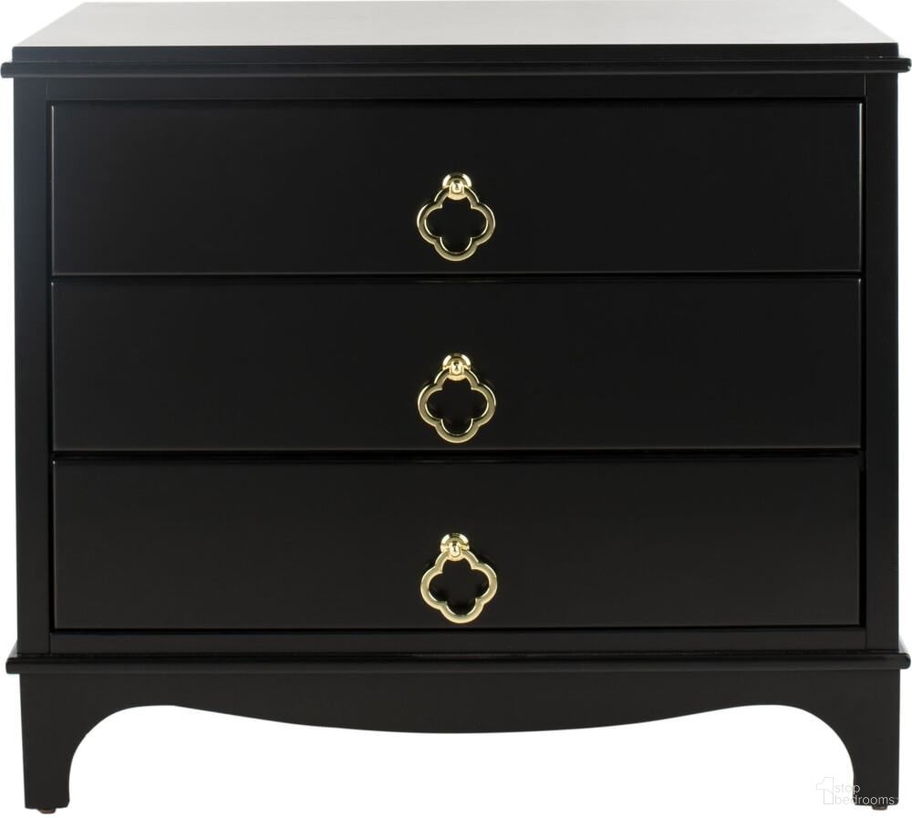 The appearance of Hannon Black 3 Drawer Contemporary Nightstand designed by Safavieh in the modern / contemporary interior design. This brass and black piece of furniture was selected by 1StopBedrooms from Hannon Collection to add a touch of cosiness and style into your home. Sku: FOX6306B. Material: Brass.