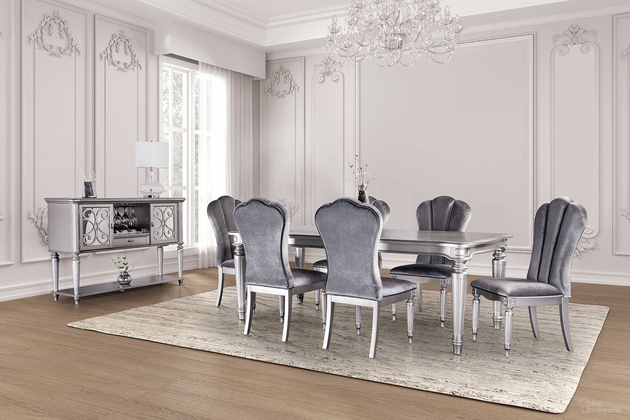 The appearance of Hannoria Dining Room Set In Silver designed by Furniture of America in the glam interior design. This silver piece of furniture was selected by 1StopBedrooms from Hannoria Collection to add a touch of cosiness and style into your home. Sku: FM3416SV-T;FM3416SV-SC-2PK. Material: Fabric. Table Top Shape: Rectangular. Size: 43" x 84".