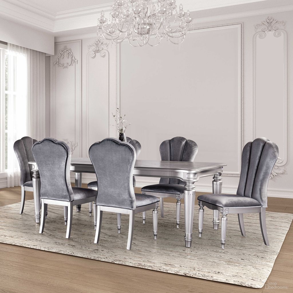 The appearance of Hannoria Dining Table In Silver designed by Furniture of America in the glam interior design. This silver piece of furniture  was selected by 1StopBedrooms from Hannoria Collection to add a touch of cosiness and style into your home. Sku: FM3416SV-T. Table Base Style: Legs. Material: Fabric. Table Top Shape: Rectangular. Size: 43" x 84".