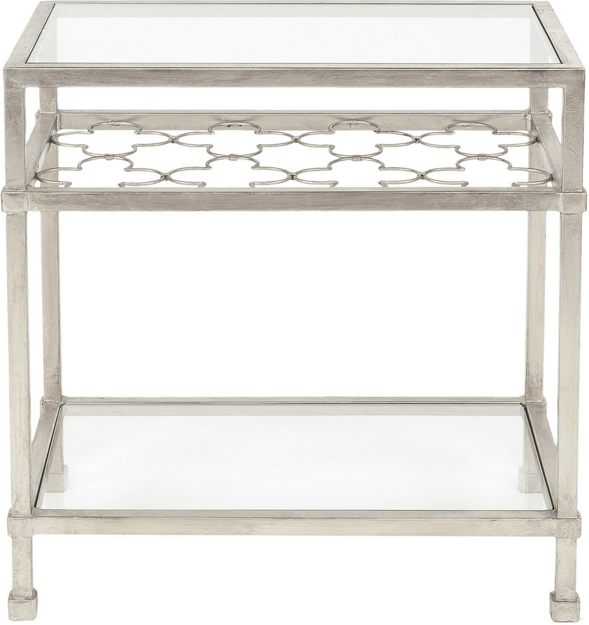 The appearance of Hanzel Side Table In Silver and Glass designed by Safavieh Couture in the transitional interior design. This silver and glass piece of furniture  was selected by 1StopBedrooms from Hanzel Collection to add a touch of cosiness and style into your home. Sku: AMH8312B. Material: Iron.