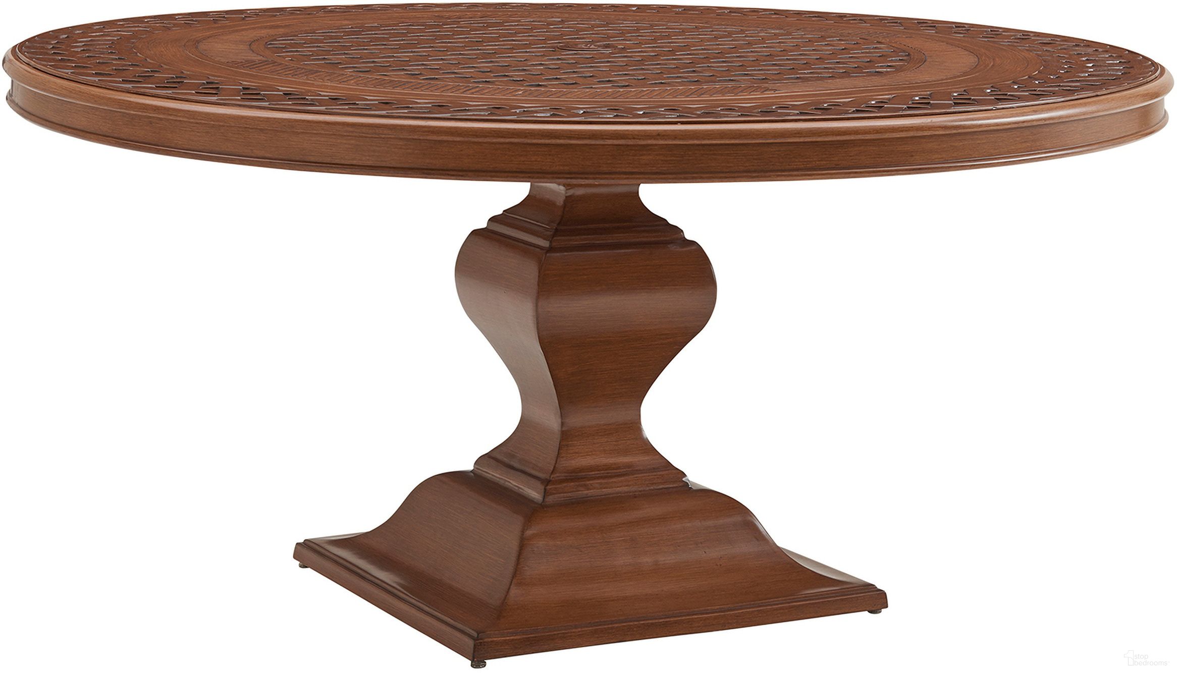 The appearance of Harbor Isle Round Dining Table In Walnut designed by Tommy Bahama in the transitional interior design. This walnut piece of furniture was selected by 1StopBedrooms from Harbor Isle Collection to add a touch of cosiness and style into your home. Sku: 3935-875C. Table Base Style: Pedestal. Table Top Shape: Round. Material: Aluminum. Size: 60".