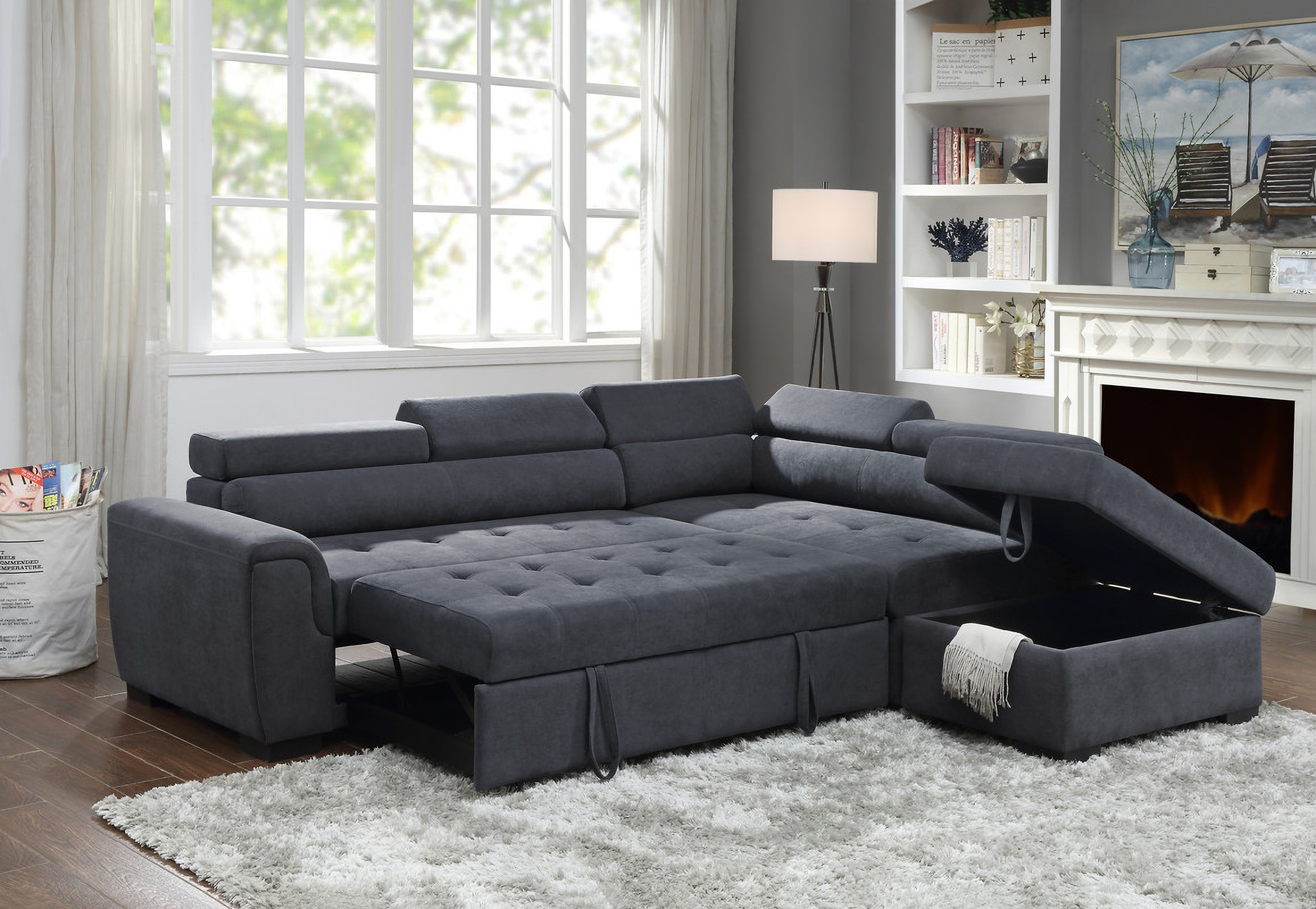 Haris Dark Gray Fabric Sleeper Sofa Sectional With Adjule Headrest And Storage Ottoman By Lilola Home 1stopbedrooms