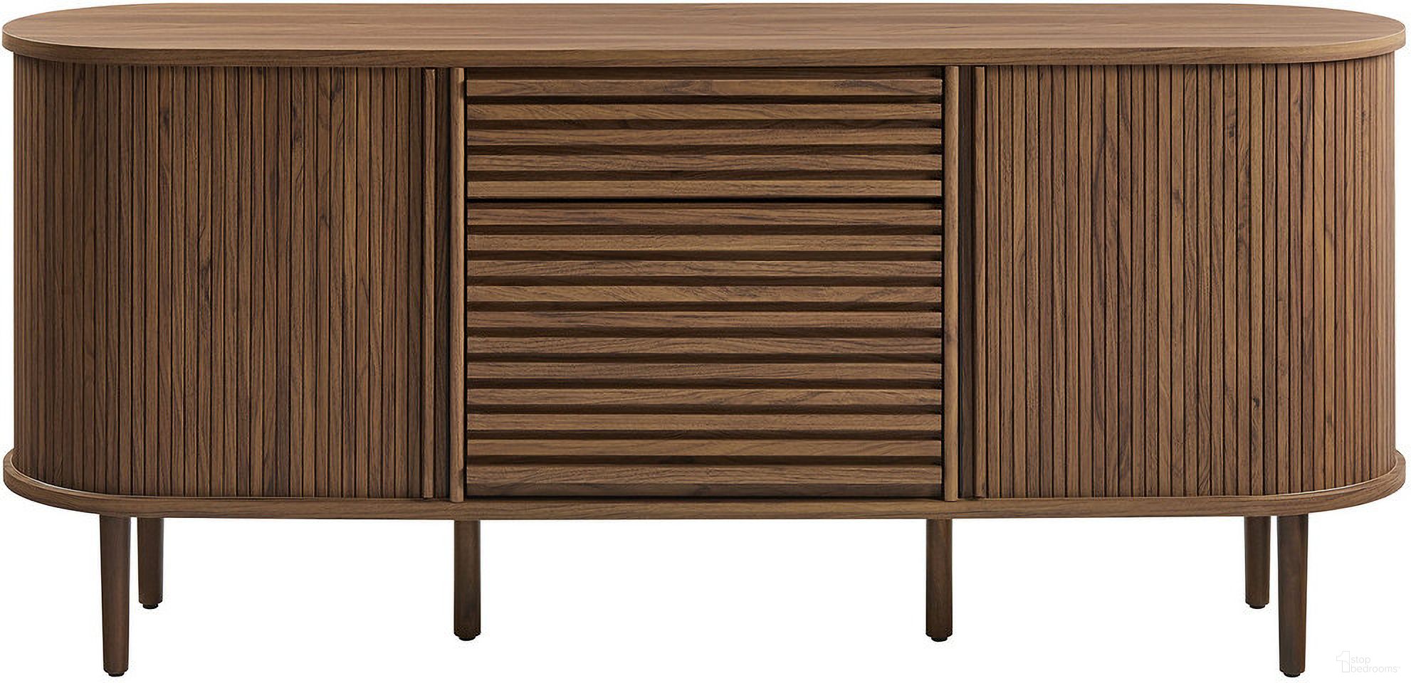 The appearance of Harlan 67 Inch Fluted Oval Sideboard Cabinet In Walnut designed by Modway in the modern / contemporary interior design. This walnut piece of furniture  was selected by 1StopBedrooms from Harlan Collection to add a touch of cosiness and style into your home. Sku: EEI-7293-WAL-1;EEI-7293-WAL-2. Material: Laminate.