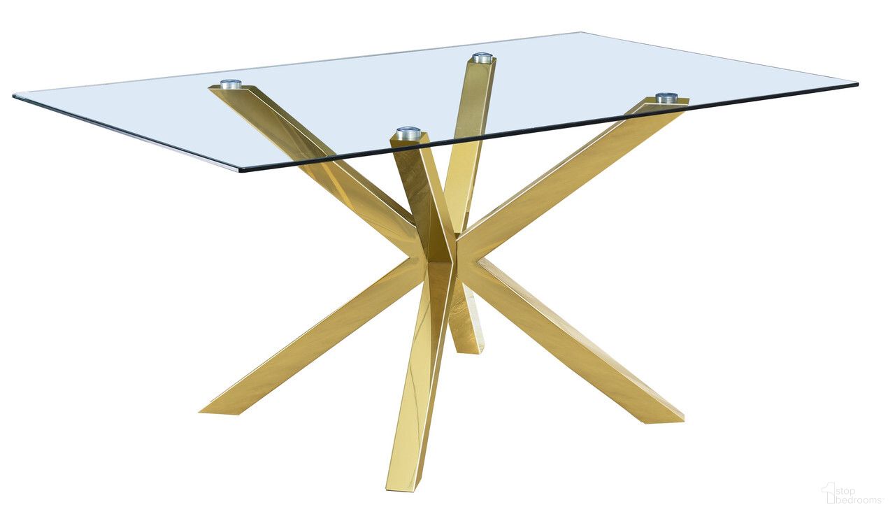 The appearance of Harley 63 x 39 Inch Rectangular Dining Table In Clear Glass and Gold Stainless Steel Base designed by Best Quality Furniture in the modern / contemporary interior design. This gold/glass piece of furniture  was selected by 1StopBedrooms from Harley Collection to add a touch of cosiness and style into your home. Sku: D61-DTT;D58-DTB. Table Base Style: Legs. Material: Glass. Table Top Shape: Rectangular. Size: 39" x 63".