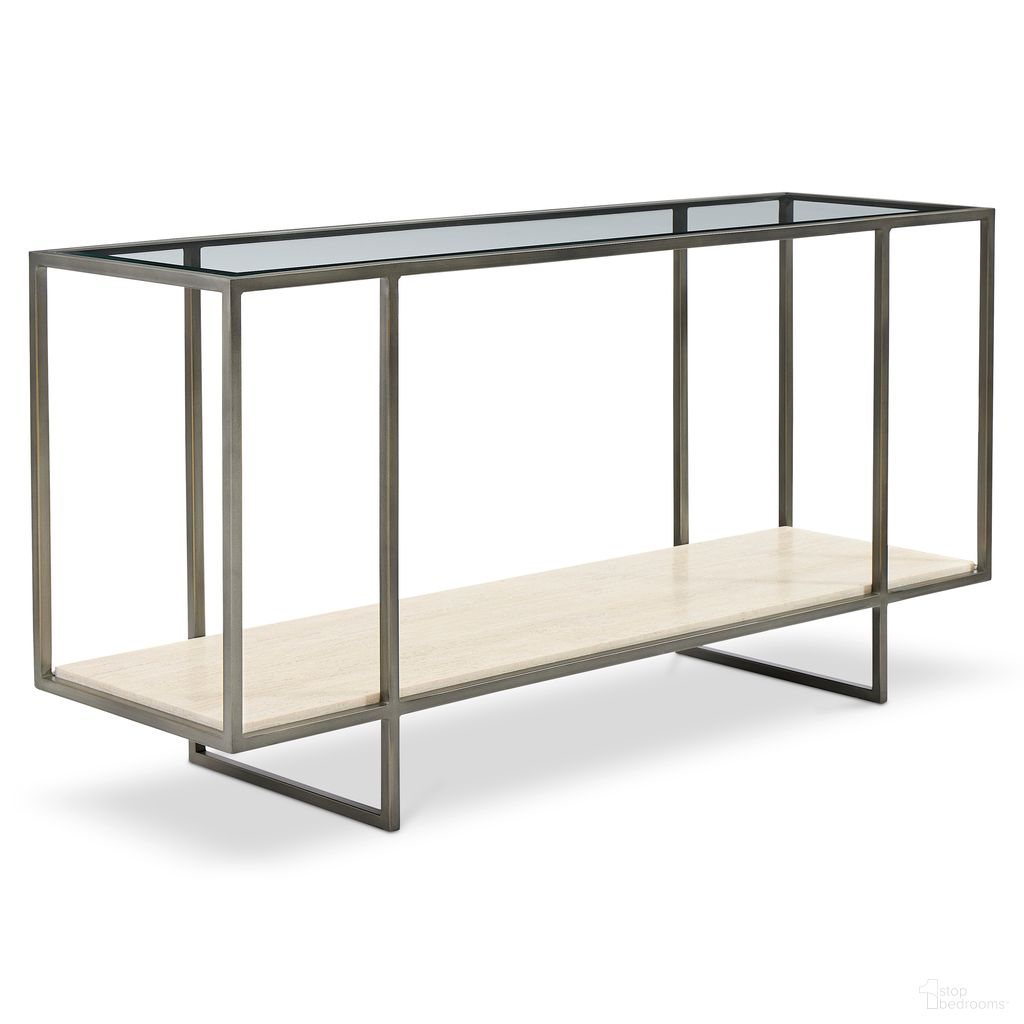 The appearance of Harlow Metal Console Table designed by Bernhardt in the modern / contemporary interior design. This bronze/white travertine stone/clear piece of furniture  was selected by 1StopBedrooms from Harlow Collection to add a touch of cosiness and style into your home. Sku: 514910. Material: Steel.