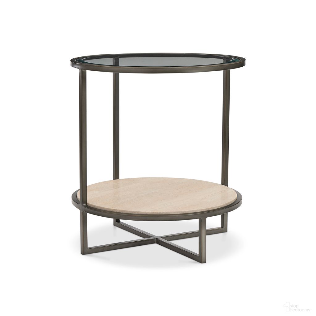 The appearance of Harlow Metal Round Chairside Table designed by Bernhardt in the modern / contemporary interior design. This bronze/white travertine stone/clear piece of furniture  was selected by 1StopBedrooms from Harlow Collection to add a touch of cosiness and style into your home. Sku: 514122. Material: Steel.