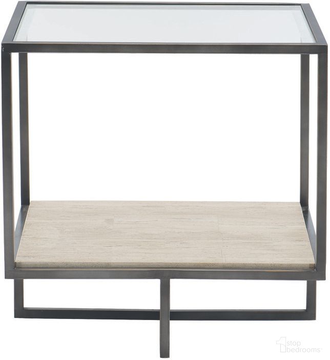 The appearance of Harlow Metal Square End Table designed by Bernhardt in the modern / contemporary interior design. This bronze/white travertine stone/clear piece of furniture  was selected by 1StopBedrooms from Harlow Collection to add a touch of cosiness and style into your home. Sku: 514121. Material: Steel.