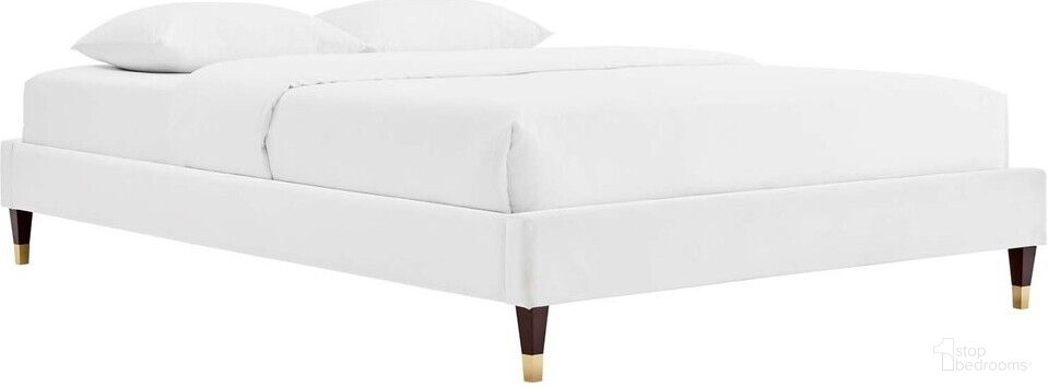 The appearance of Harlow Queen Performance Velvet Platform Bed Frame In White designed by Modway in the modern / contemporary interior design. This white piece of furniture  was selected by 1StopBedrooms from Harlow Collection to add a touch of cosiness and style into your home. Sku: MOD-6270-WHI. Bed Size: Queen. Material: MDF.