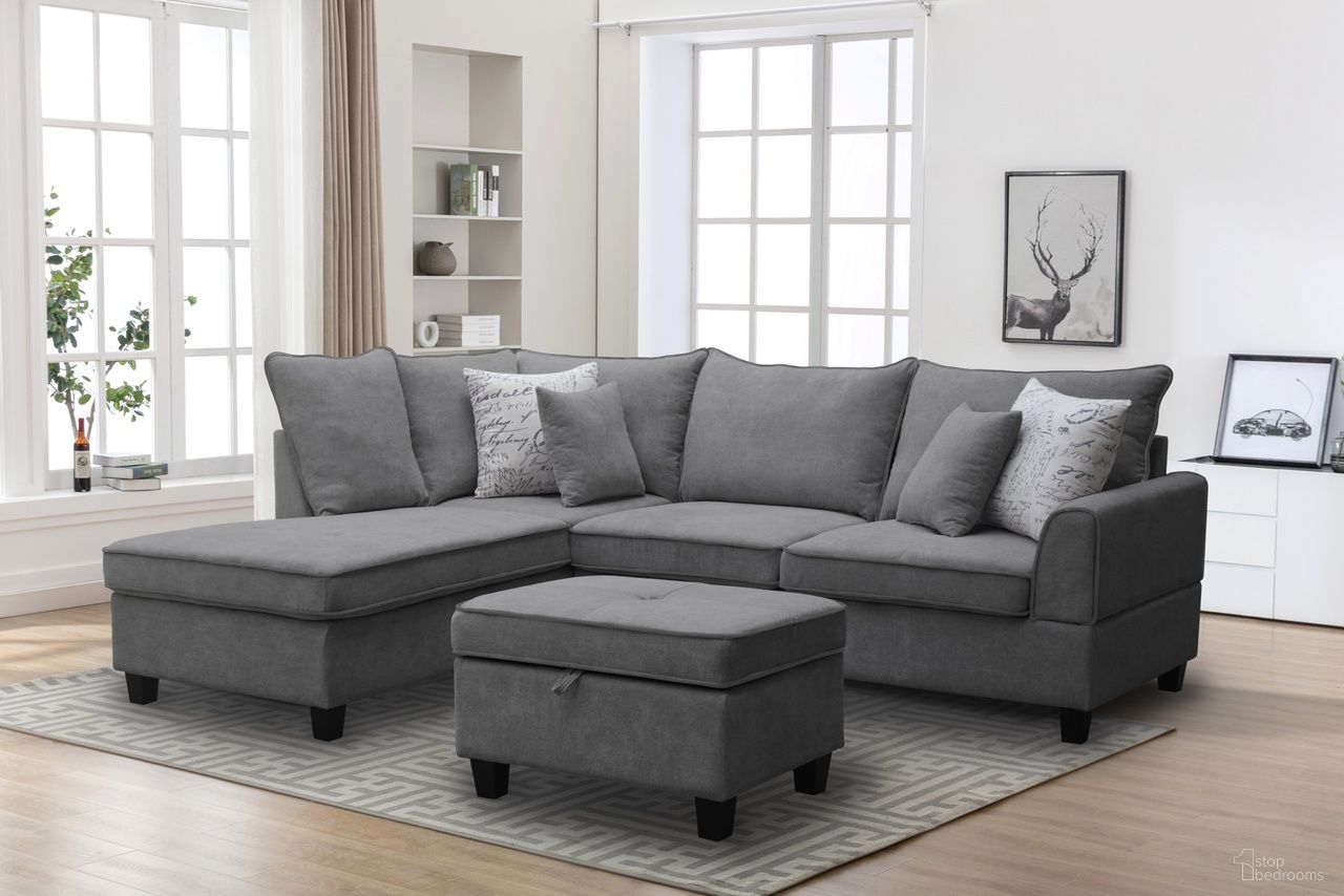 The appearance of Harmony 99"W Fabric Sectional Sofa In Gray designed by Lilola Home in the modern / contemporary interior design. This gray piece of furniture was selected by 1StopBedrooms from Harmony Collection to add a touch of cosiness and style into your home. Sku: V83005-S;V83005-C;V83005-O. Material: Fabric.