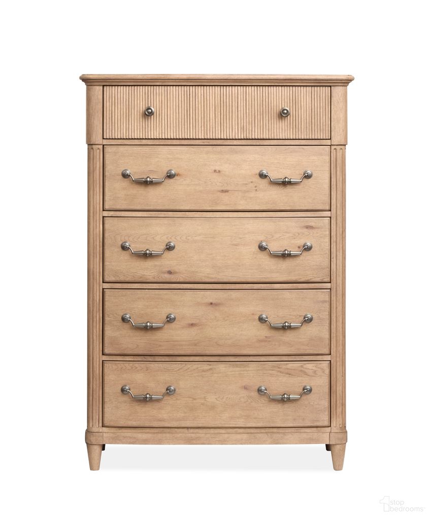 The appearance of Harmony Heights Drawer Chest In Belgium Wheat designed by Magnussen in the transitional interior design. This belgium wheat piece of furniture was selected by 1StopBedrooms from Harmony Heights Collection to add a touch of cosiness and style into your home. Sku: B6400-10. Material: Oak Veneer.