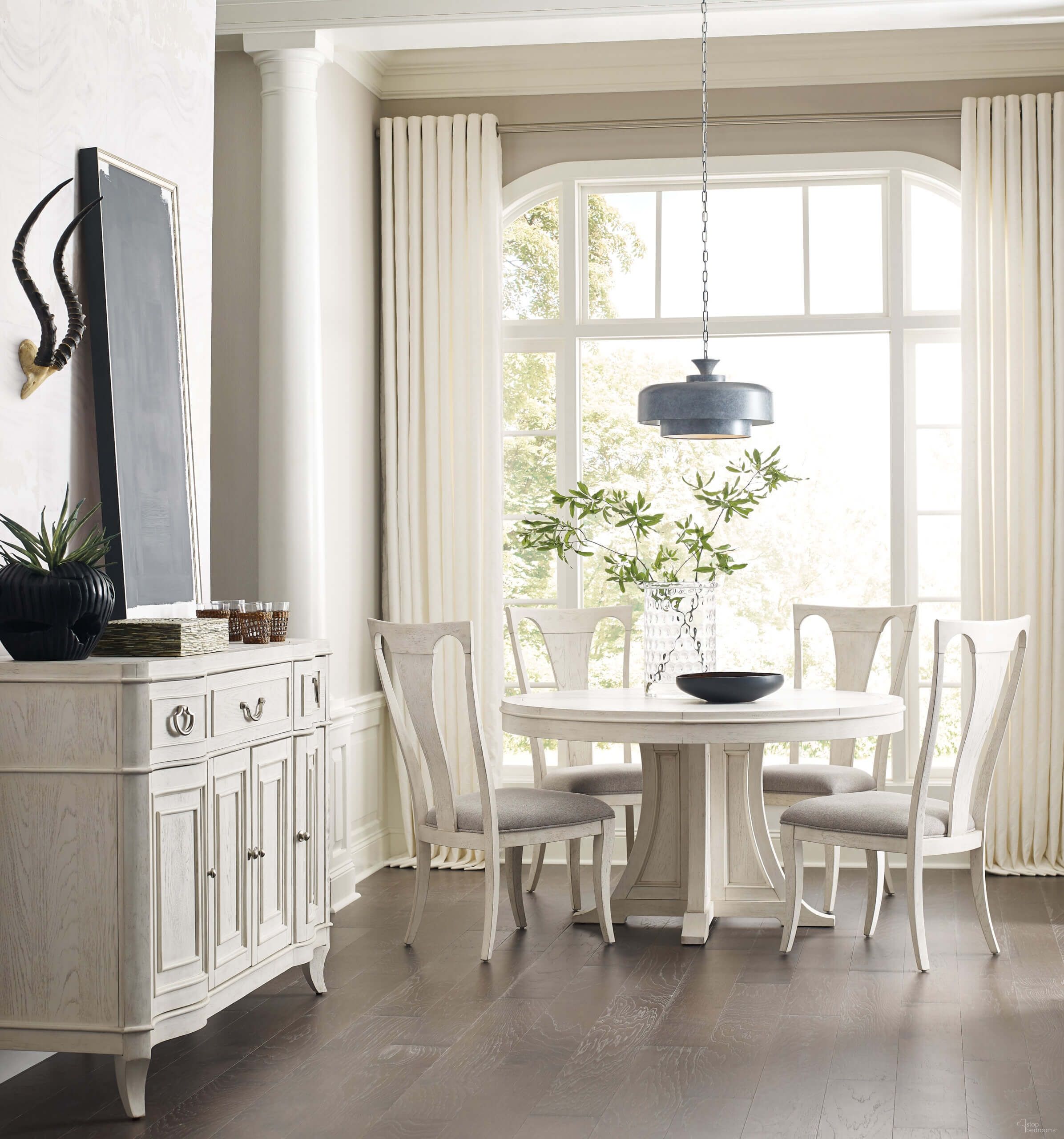 The appearance of Harmony Round Dining Set In In Eggshell designed by American Drew in the modern / contemporary interior design. This eggshell piece of furniture  was selected by 1StopBedrooms from Harmony Collection to add a touch of cosiness and style into your home. Sku: 266-701;266-637. Table Base Style: Pedestal. Table Top Shape: Round. Material: Wood. Size: 54".
