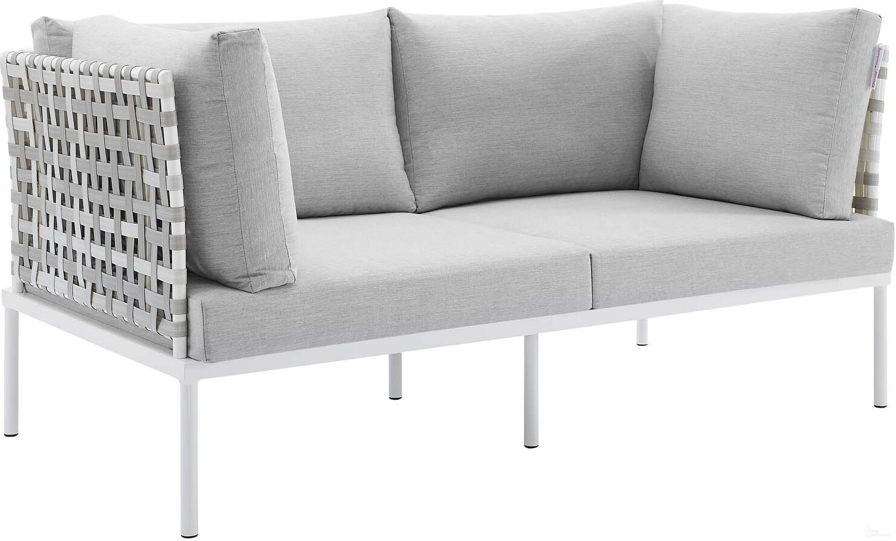 Harmony Sunbrella Basket Weave Outdoor Patio Aluminum Loveseat In Taupe and Grey