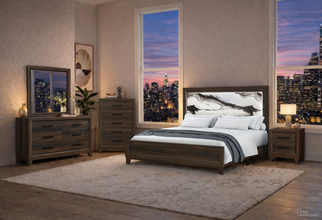 The appearance of Harmony Upholstered Bedroom Set with LED In Dark Brown designed by Global Furniture USA in the modern / contemporary interior design. This dark brown piece of furniture was selected by 1StopBedrooms from Harmony Collection to add a touch of cosiness and style into your home. Sku: HARMONY-BROWN-QB W/LED;HARMONY-BROWN-NS. Material: Fabric. Bed Size: King.