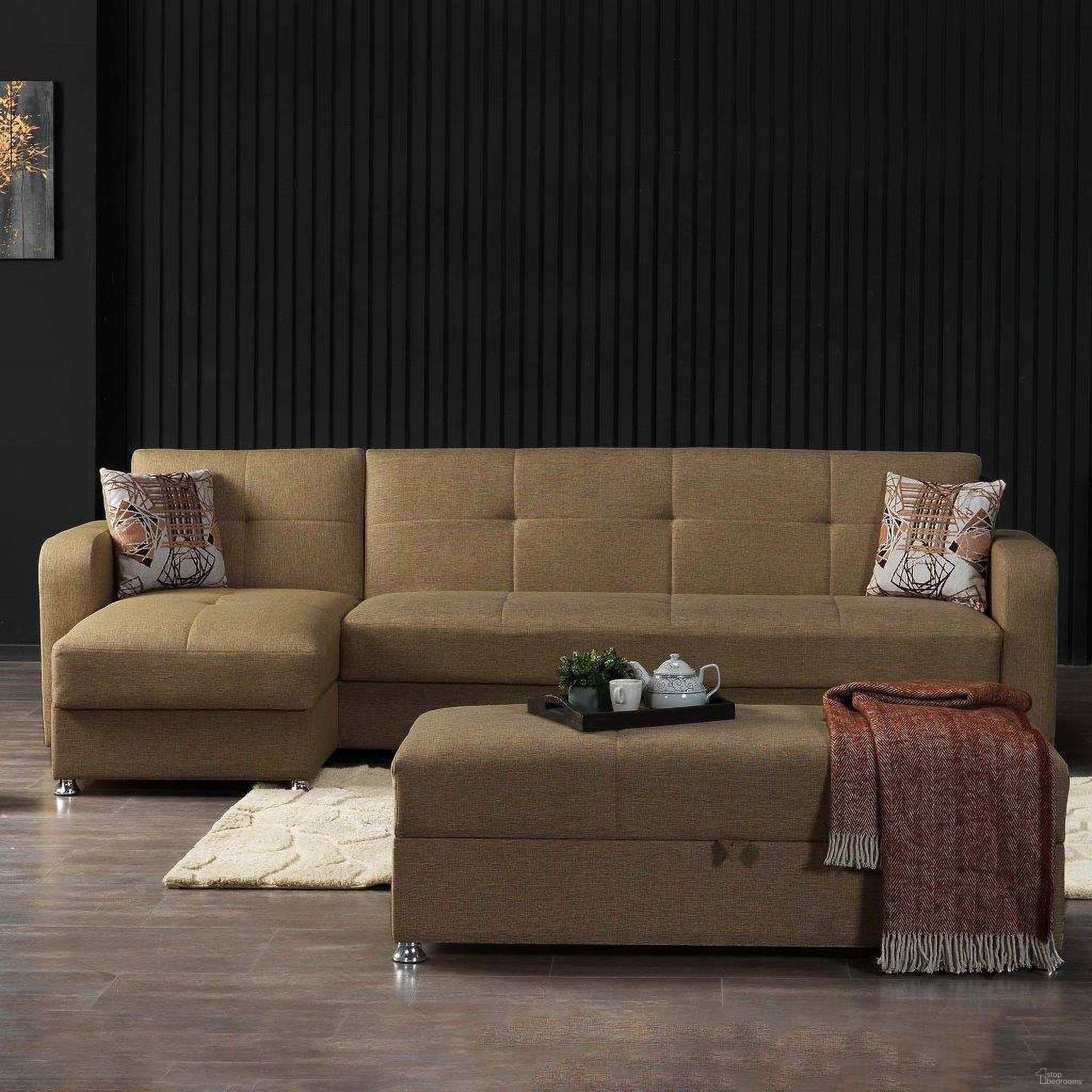 The appearance of Harmony Upholstered Convertible Chaise Lounge with Storage In Brown HAR-BN-CL designed by Casamode in the modern / contemporary interior design. This brown piece of furniture was selected by 1StopBedrooms from Harmony Collection to add a touch of cosiness and style into your home. Sku: HAR-BN-CL. Material: Chenille. Layout: Sofa & Chaise.