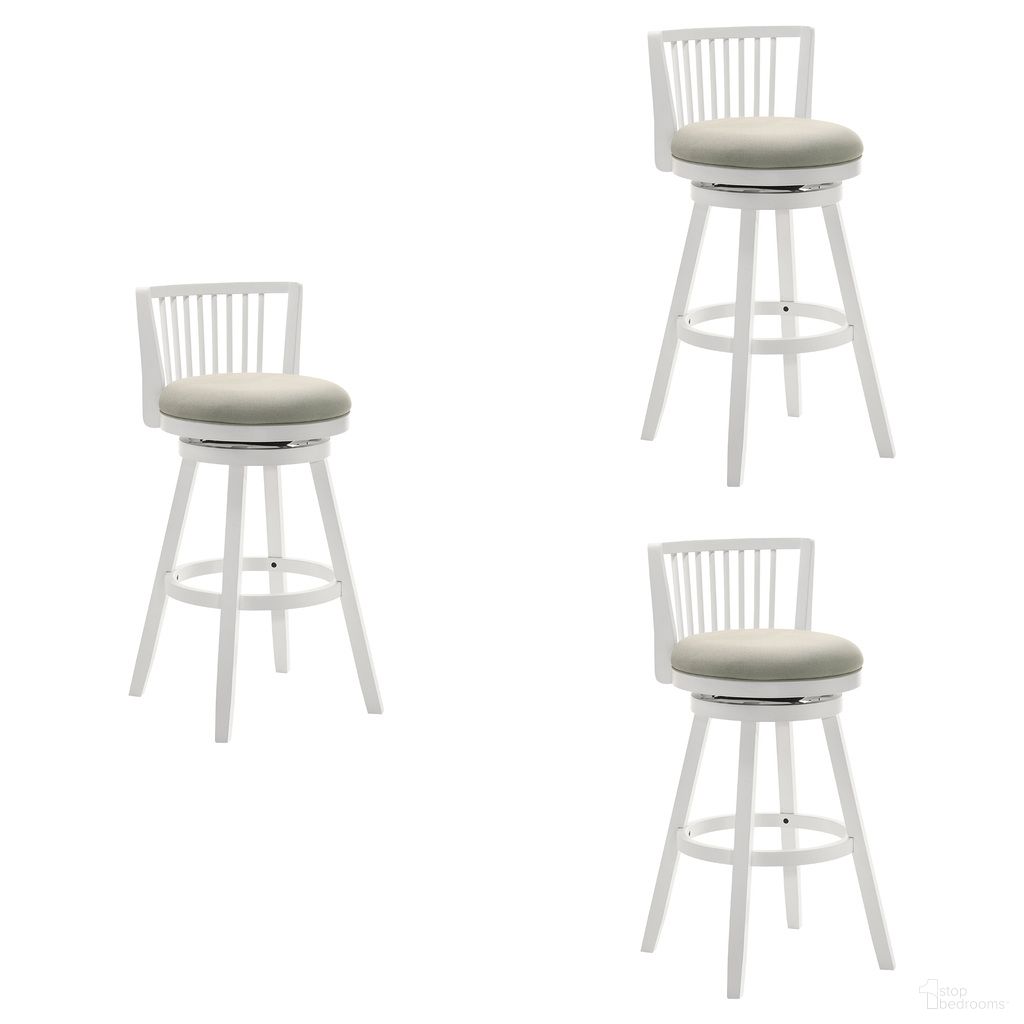 The appearance of Harper 26 Inch Counter Height Swivel Barstool Set of 3 In Fog and Matte White designed by Armen Living in the country / farmhouse interior design. This fog/matte white piece of furniture  was selected by 1StopBedrooms from Harper Collection to add a touch of cosiness and style into your home. Sku: LCHABAWHFG26;LCHABAWHFG26;LCHABAWHFG26. Material: Polyester.