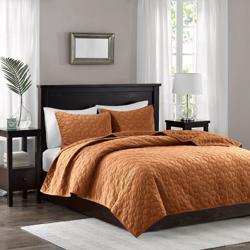 The appearance of Harper 3 Piece Velvet Full/Queen Quilt Set In Rust designed by Olliix in the glam interior design. This rust piece of furniture  was selected by 1StopBedrooms from Harper Collection to add a touch of cosiness and style into your home. Sku: MP13-8007. Material: Polyester. Bed Size: Full.