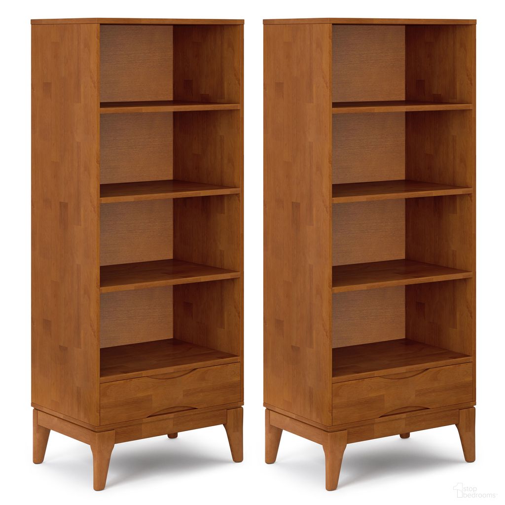 The appearance of Harper 4 Shelf Bookcase Set of 2 In Teak Brown designed by Simpli Home in the transitional interior design. This teak brown piece of furniture was selected by 1StopBedrooms from Harper Collection to add a touch of cosiness and style into your home. Sku: HAS224B001TK. Material: Rubberwood.