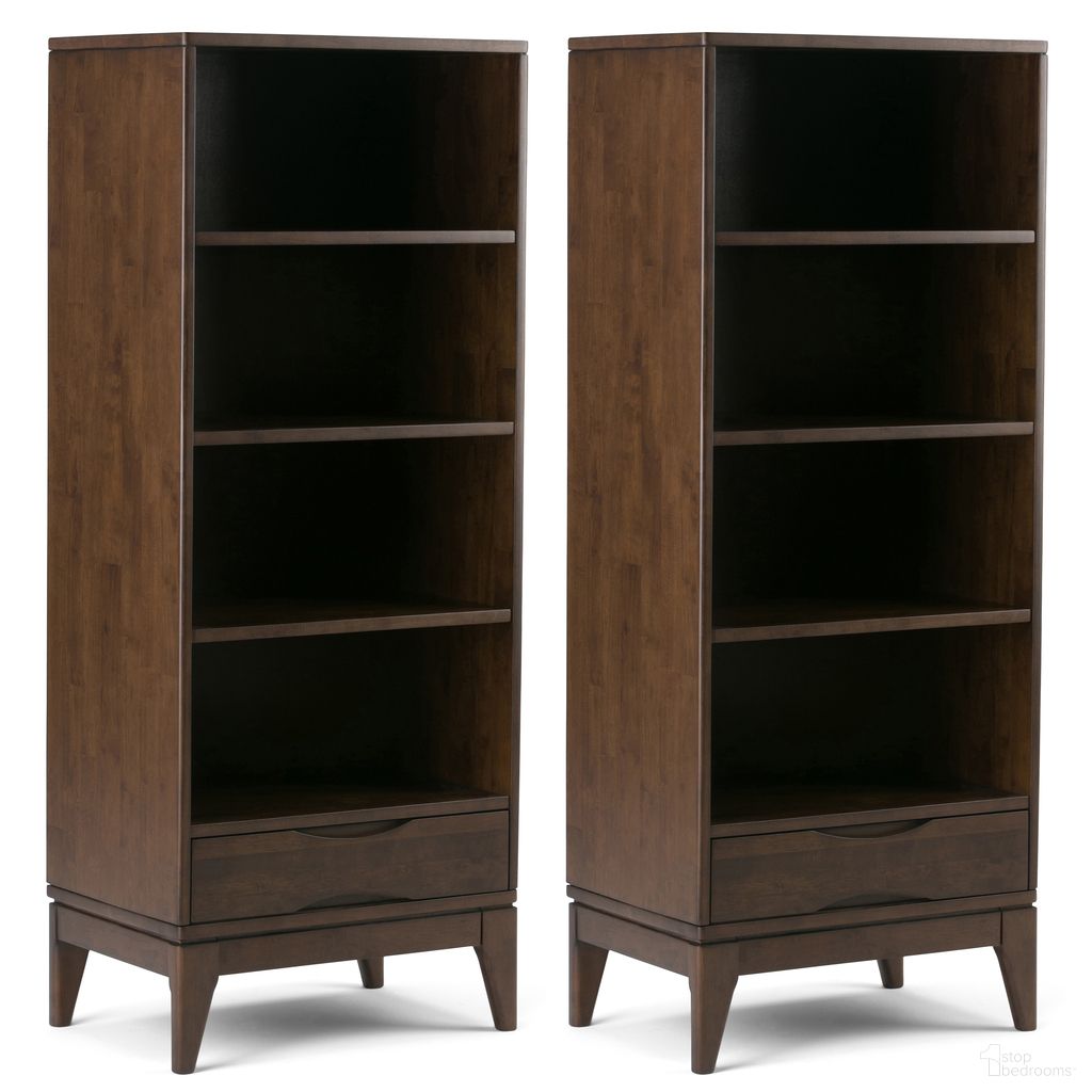 The appearance of Harper 4 Shelf Bookcase Set of 2 In Walnut Brown designed by Simpli Home in the transitional interior design. This walnut brown piece of furniture was selected by 1StopBedrooms from Harper Collection to add a touch of cosiness and style into your home. Sku: HAS224B001WB. Material: Rubberwood.