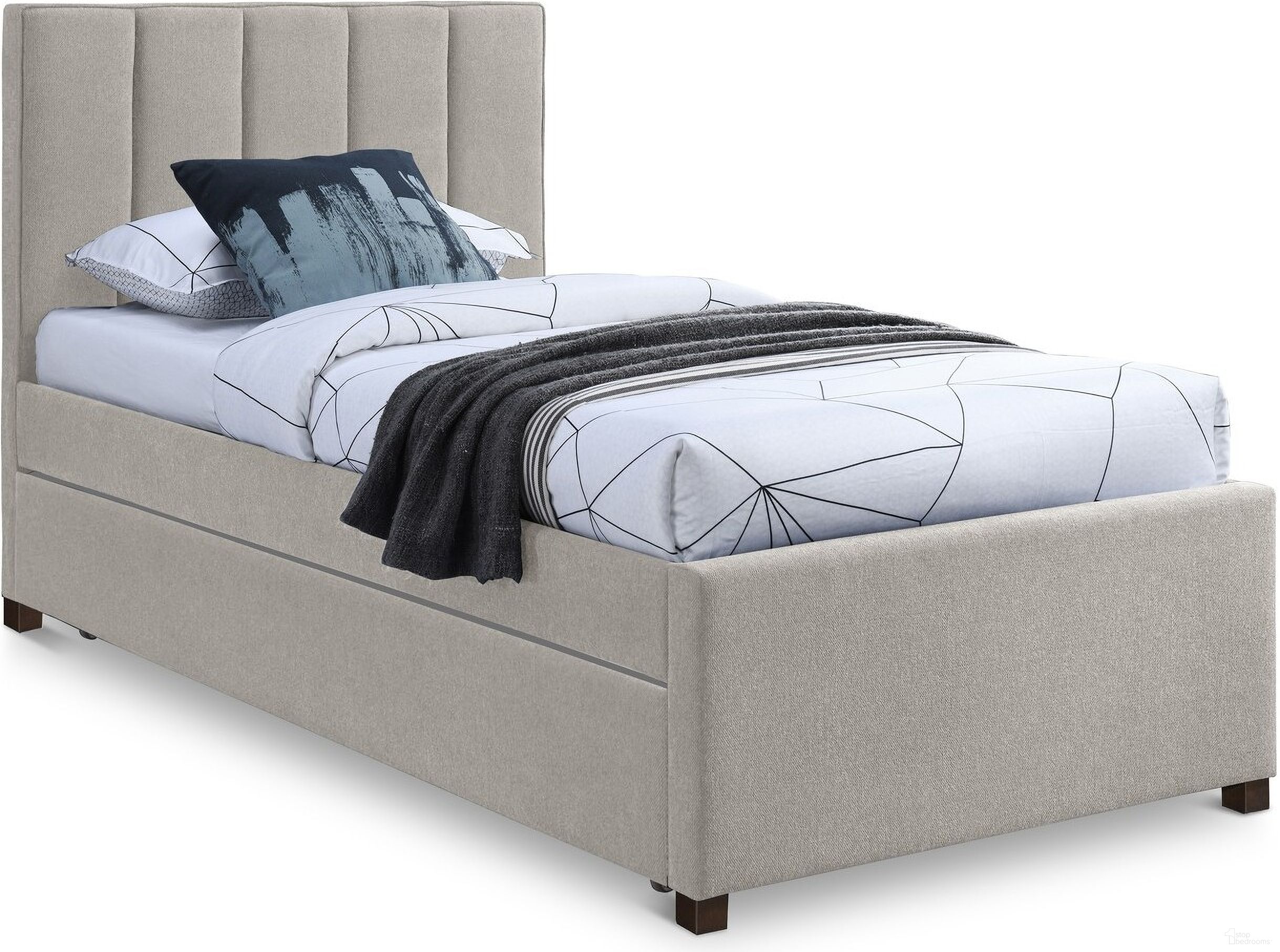 The appearance of Harper Linen Textured Fabric Twin Trundle Bed In Beige designed by Meridian in the modern / contemporary interior design. This beige piece of furniture was selected by 1StopBedrooms from Harper Collection to add a touch of cosiness and style into your home. Sku: HarperBeige-T Box 1/2 (Headboard / Footboard / Trundle Side Panel / Slats);HarperBeige-T Box 2/2 (Rails / Drawer Panel). Material: Wood. Bed Size: Twin. Bed Type: Trundle Bed.