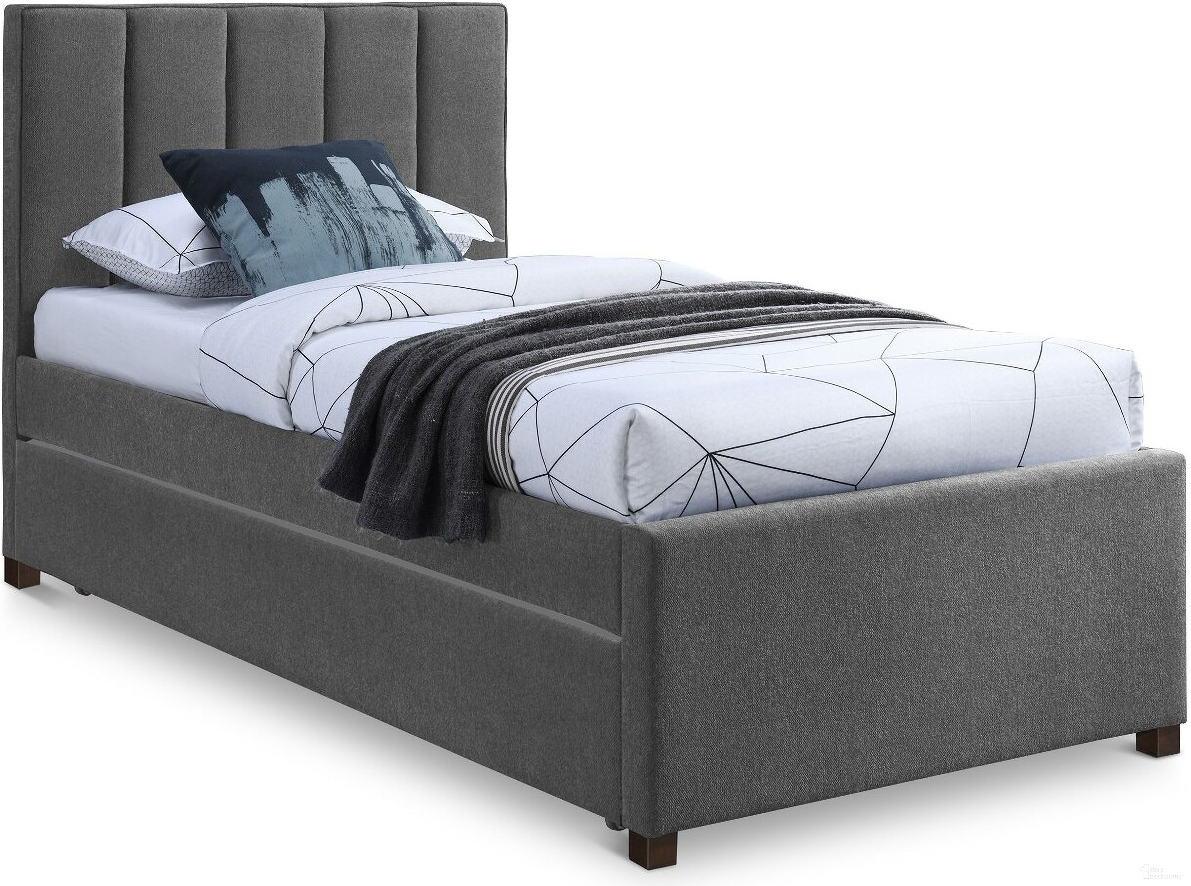 The appearance of Harper Linen Textured Fabric Twin Trundle Bed In Grey designed by Meridian in the modern / contemporary interior design. This grey piece of furniture was selected by 1StopBedrooms from Harper Collection to add a touch of cosiness and style into your home. Sku: HarperGrey-T Box 1/2 (Headboard / Footboard / Trundle Side Panel / Slats);HarperGrey-T Box 2/2 (Rails / Drawer Panel). Material: Wood. Bed Size: Twin. Bed Type: Trundle Bed.