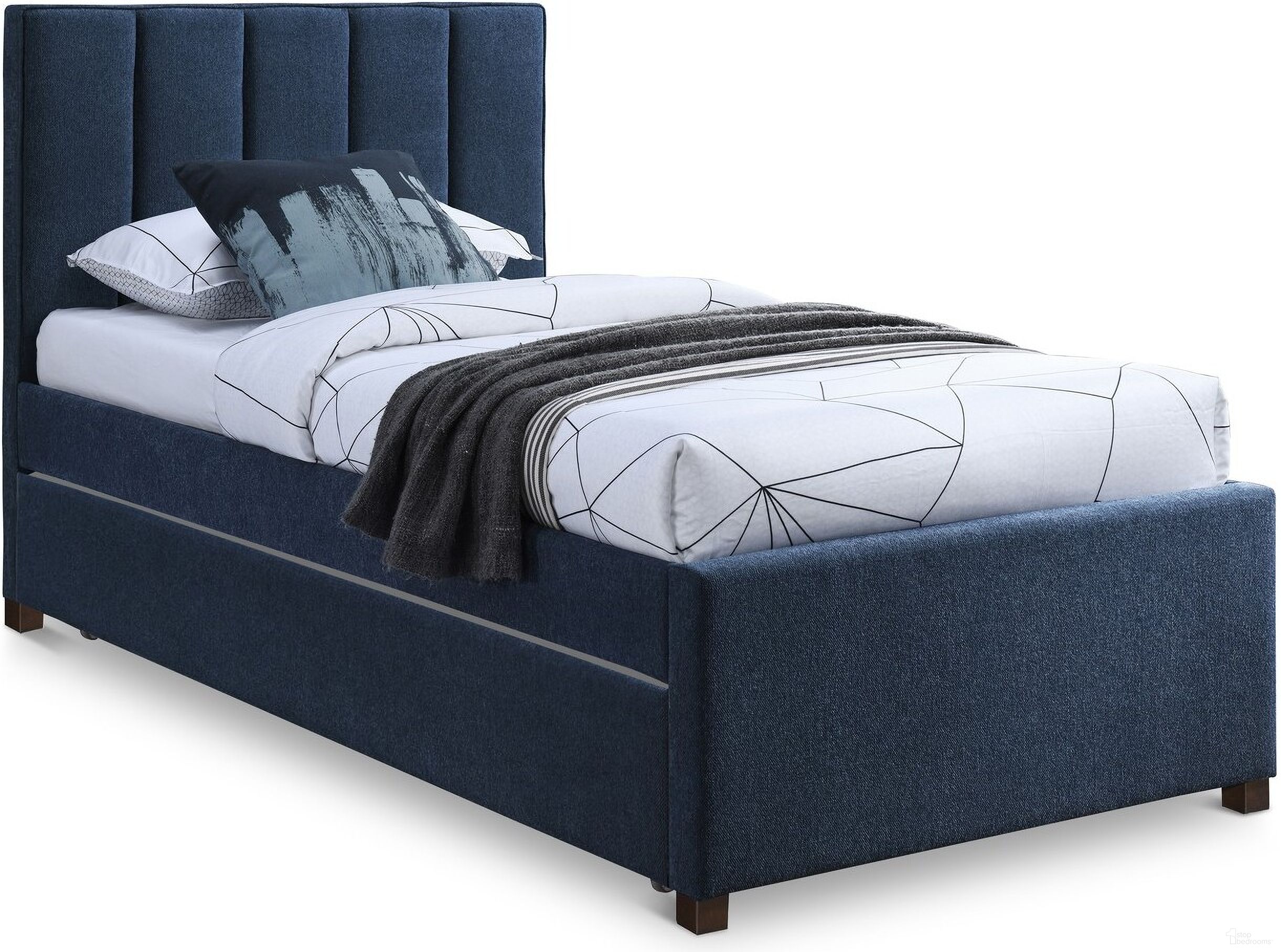 The appearance of Harper Linen Textured Fabric Twin Trundle Bed In Navy designed by Meridian in the modern / contemporary interior design. This navy piece of furniture was selected by 1StopBedrooms from Harper Collection to add a touch of cosiness and style into your home. Sku: HarperNavy-T Box 1/2 (Headboard / Footboard / Trundle Side Panel / Slats);HarperNavy-T Box 2/2 (Rails / Drawer Panel). Material: Wood. Bed Size: Twin. Bed Type: Trundle Bed.