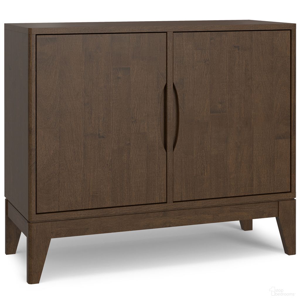 The appearance of Harper Solid Hardwood 2 Door Sideboard Buffet/Storage Cabinet In Walnut Brown designed by Simpli Home in the transitional interior design. This walnut brown piece of furniture  was selected by 1StopBedrooms from Harper Collection to add a touch of cosiness and style into your home. Sku: AXCHRP-152D. Material: Rubberwood.