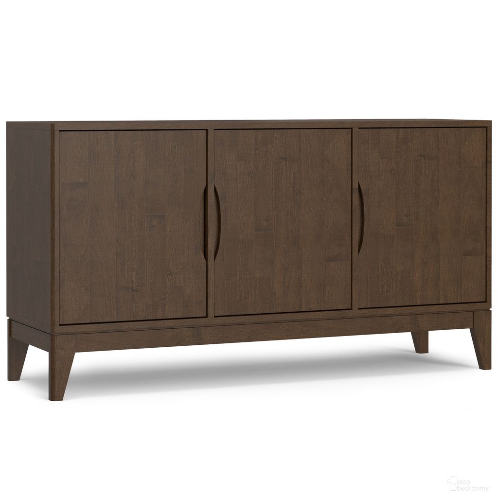 The appearance of Harper Solid Hardwood 3 Door Sideboard Buffet/Storage Cabinet In Walnut Brown designed by Simpli Home in the transitional interior design. This walnut brown piece of furniture  was selected by 1StopBedrooms from Harper Collection to add a touch of cosiness and style into your home. Sku: AXCHRP-153D. Material: Rubberwood.