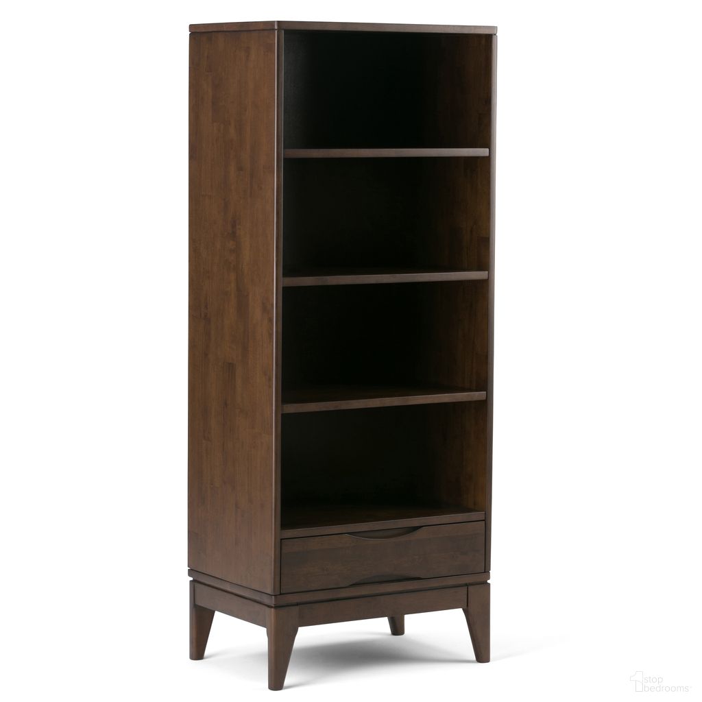 The appearance of Harper Solid Hardwood Bookcase with Storage In Walnut Brown designed by Simpli Home in the transitional interior design. This walnut brown piece of furniture was selected by 1StopBedrooms from Harper Collection to add a touch of cosiness and style into your home. Sku: 3AXCHRP-08. Material: Rubberwood.
