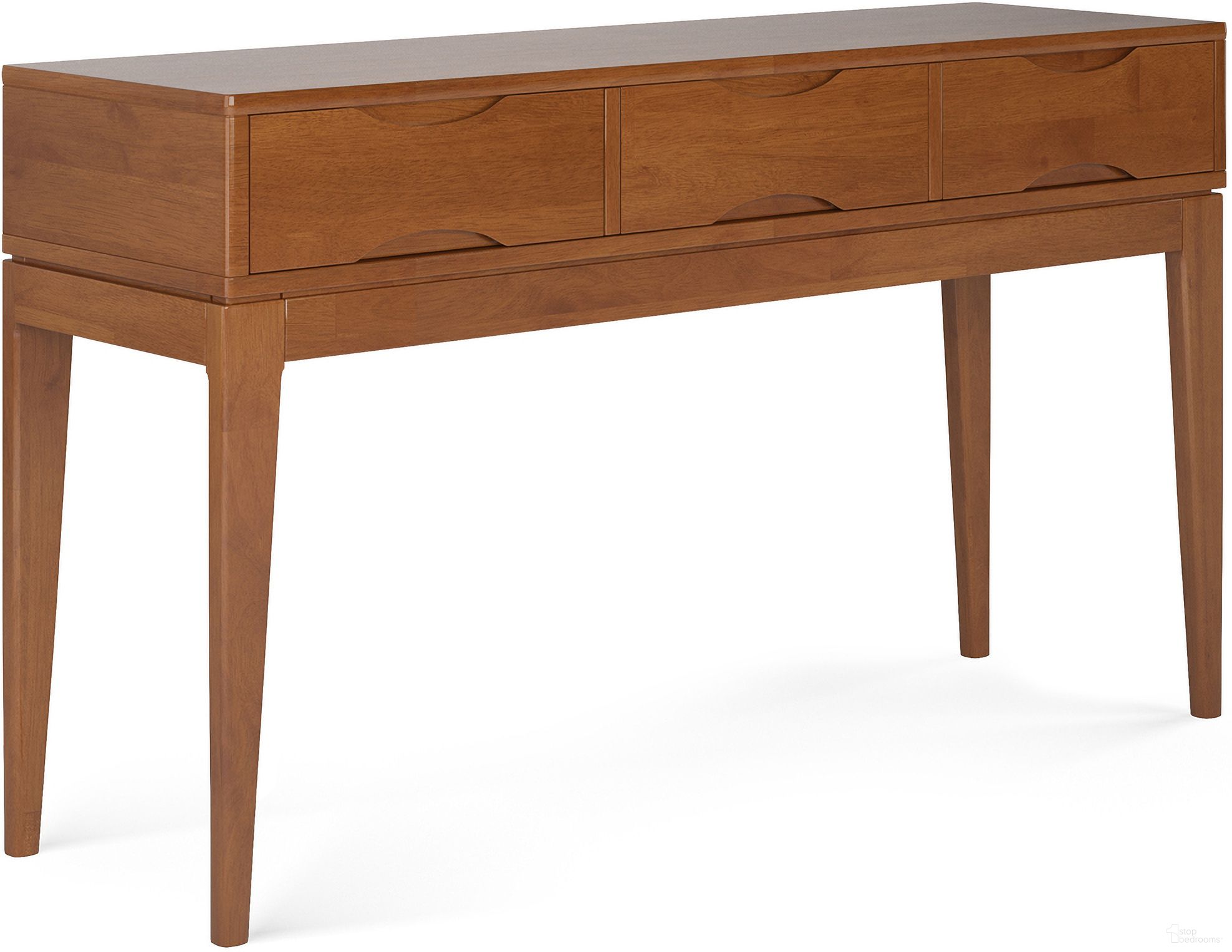 The appearance of Harper Solid Hardwood Console Sofa Table In Teak Brown designed by Simpli Home in the transitional interior design. This teak brown piece of furniture was selected by 1StopBedrooms from Harper Collection to add a touch of cosiness and style into your home. Sku: AXCHRP-03-TK. Material: Rubberwood.