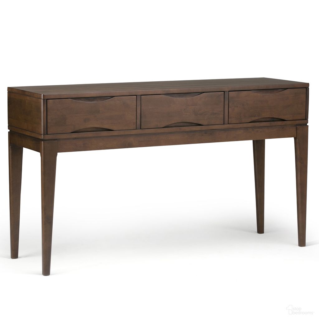 The appearance of Harper Solid Hardwood Console Sofa Table In Walnut Brown designed by Simpli Home in the transitional interior design. This walnut brown piece of furniture was selected by 1StopBedrooms from Harper Collection to add a touch of cosiness and style into your home. Sku: 3AXCHRP-03. Material: Rubberwood.