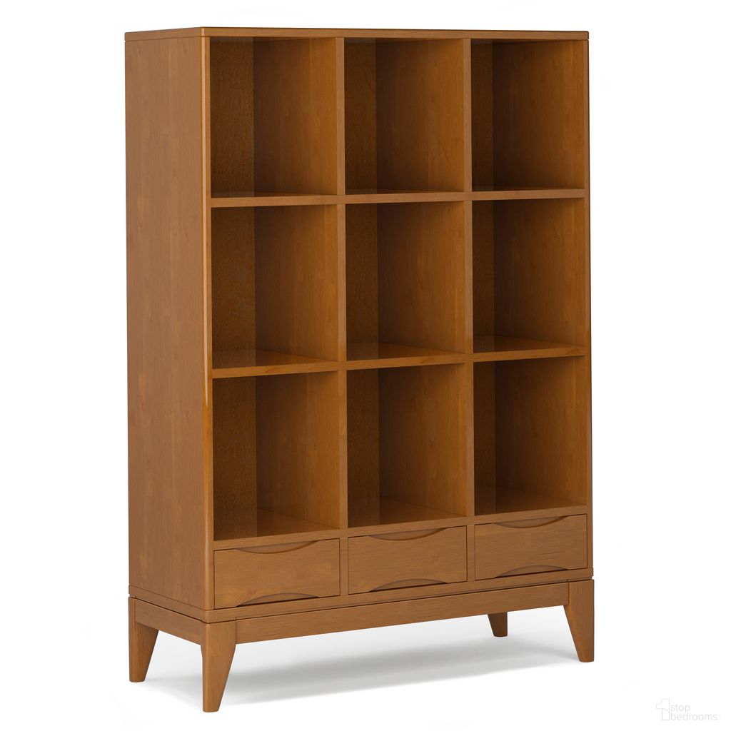 The appearance of Harper Solid Hardwood Cube Storage with Drawers In Teak Brown designed by Simpli Home in the transitional interior design. This teak brown piece of furniture  was selected by 1StopBedrooms from Harper Collection to add a touch of cosiness and style into your home. Sku: AXCHRP-07-TK. Material: Rubberwood.