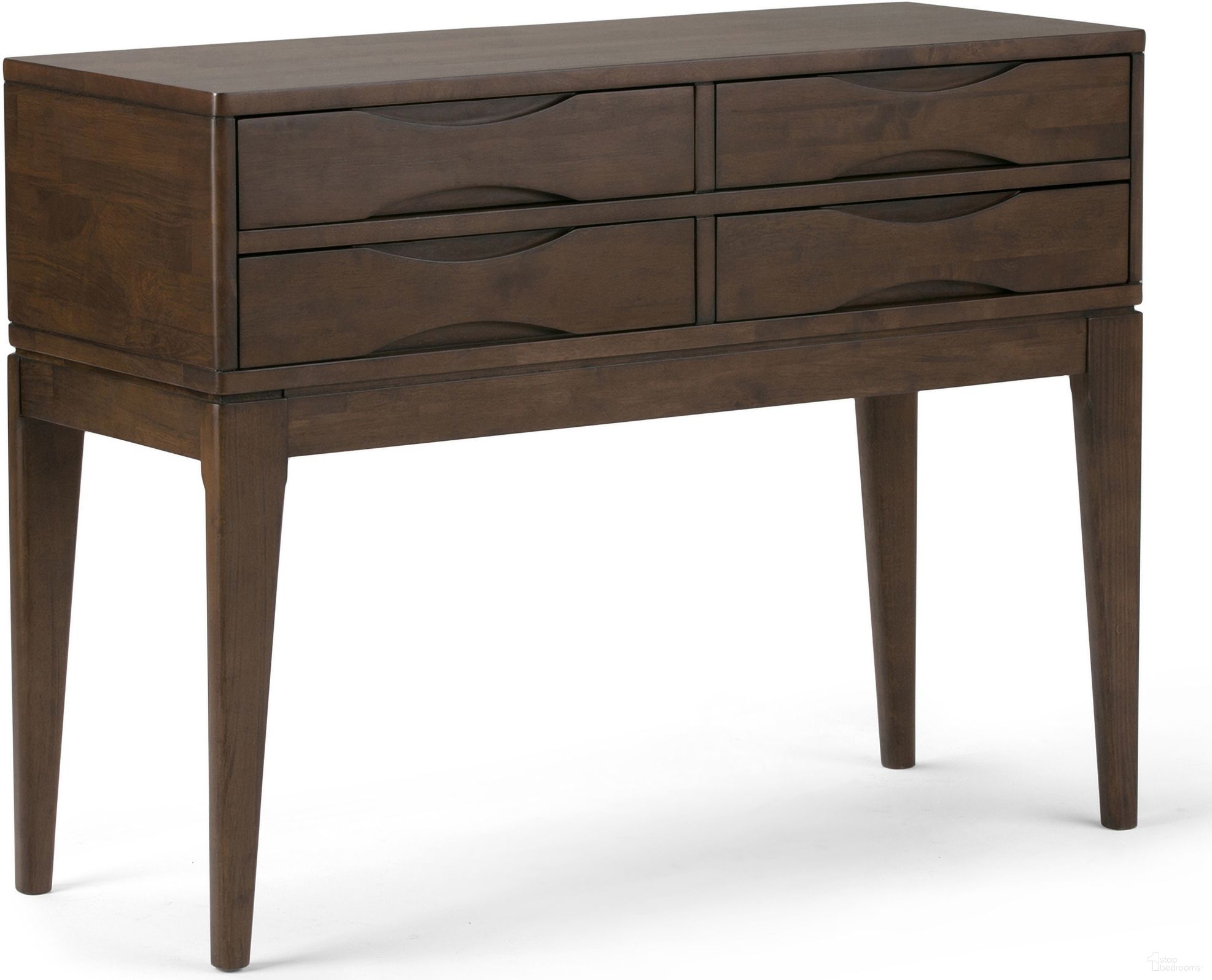 The appearance of Harper Solid Hardwood Hallway Console Table In Walnut Brown designed by Simpli Home in the transitional interior design. This walnut brown piece of furniture was selected by 1StopBedrooms from Harper Collection to add a touch of cosiness and style into your home. Sku: 3AXCHRP-04. Material: Rubberwood.