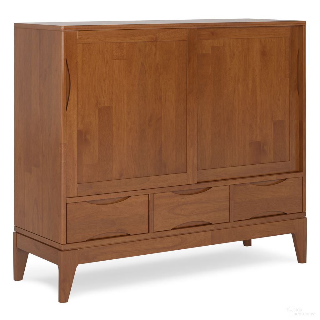 The appearance of Harper Solid Hardwood Medium Storage Cabinet In Teak Brown designed by Simpli Home in the transitional interior design. This teak brown piece of furniture was selected by 1StopBedrooms from Harper Collection to add a touch of cosiness and style into your home. Sku: AXCHRP-06-TK. Material: Rubberwood.