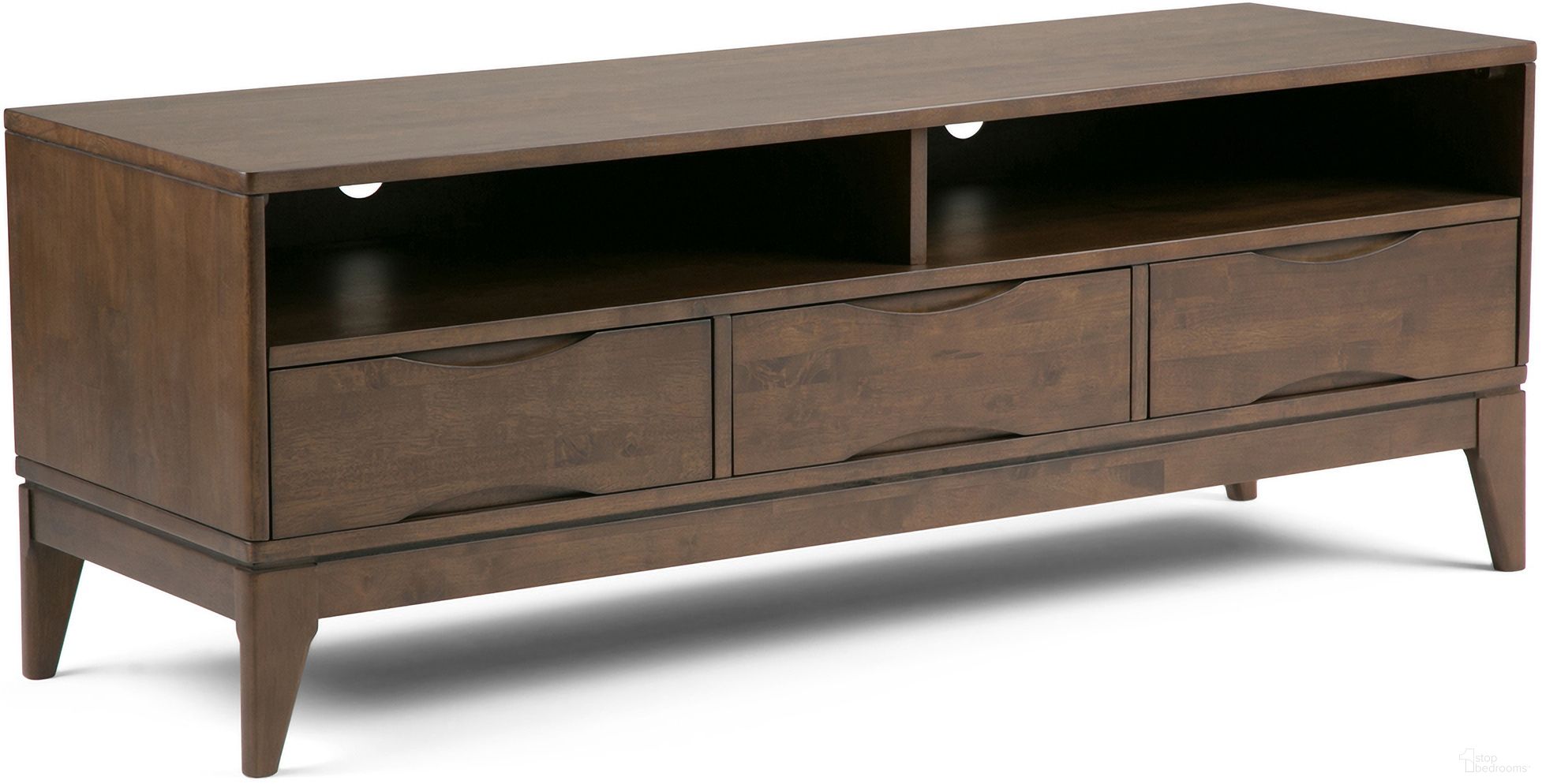 The appearance of Harper Solid Hardwood TV Media Stand In Walnut Brown designed by Simpli Home in the transitional interior design. This walnut brown piece of furniture  was selected by 1StopBedrooms from Harper Collection to add a touch of cosiness and style into your home. Sku: 3AXCHRP-11. Material: Rubberwood.